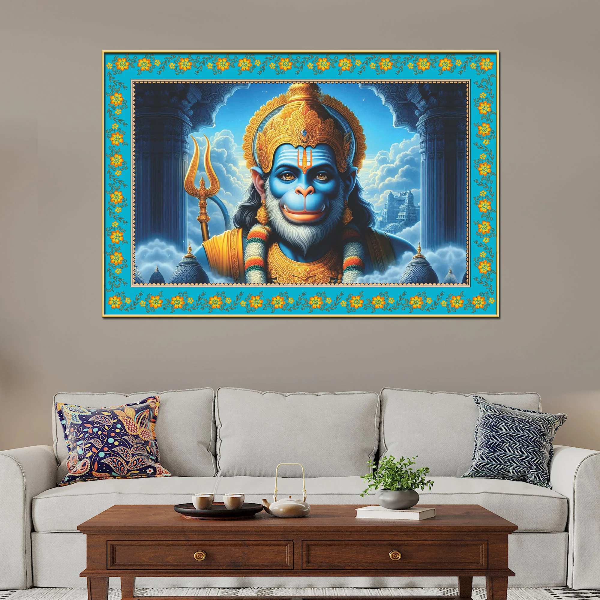 Veer Bajrangi Hanuman Floral Border Canvas Wall Painting - Image 3