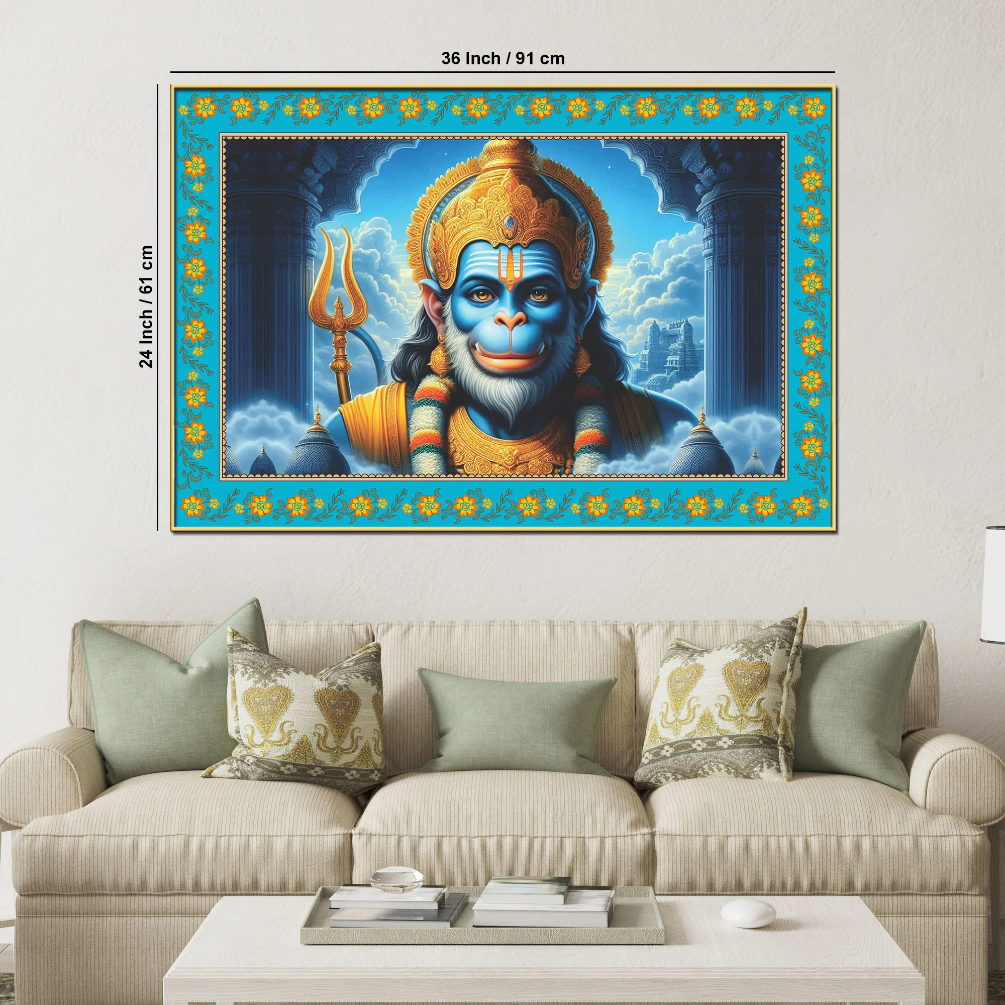 Veer Bajrangi Hanuman Floral Border Canvas Wall Painting - Image 6
