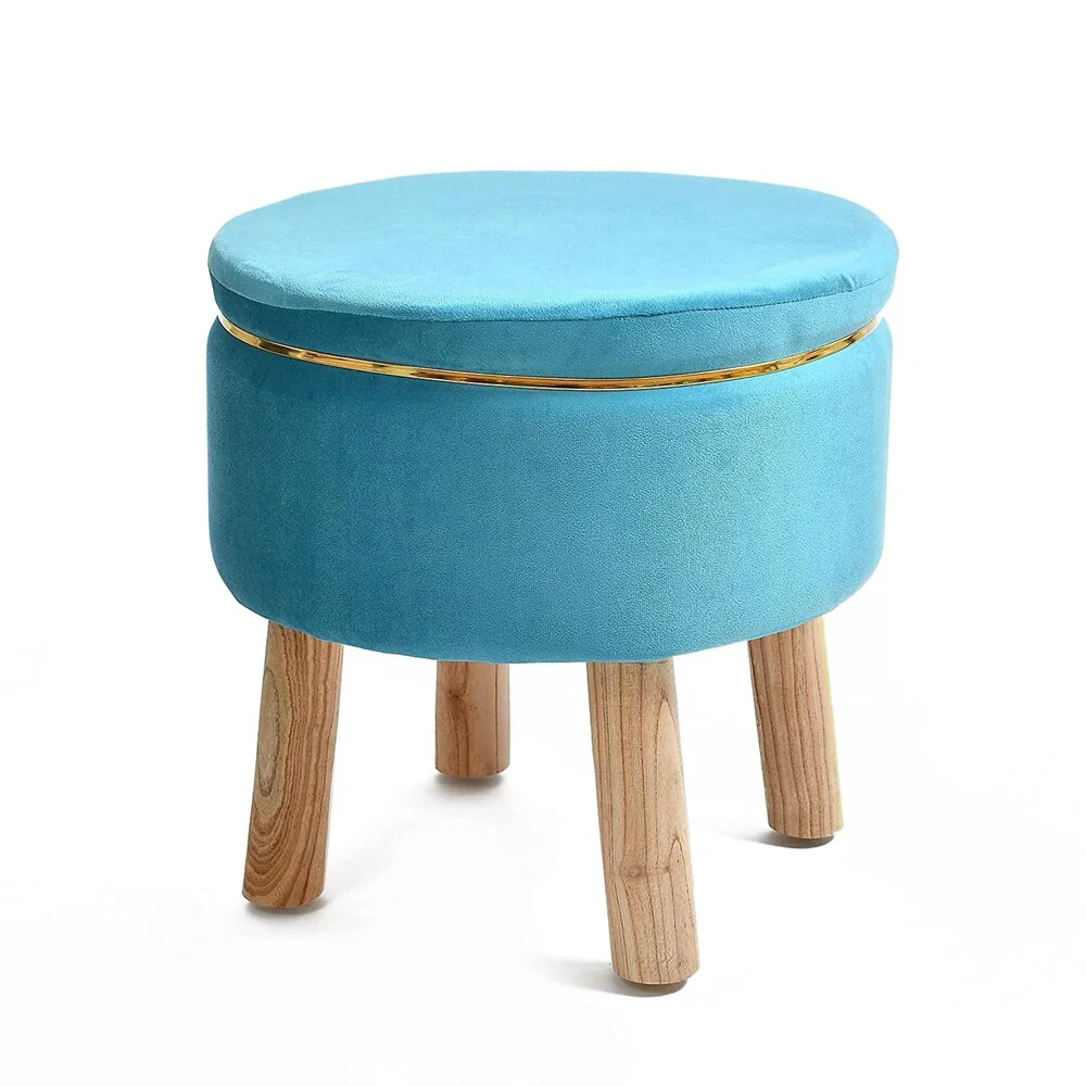 Velvet Round Blue Color Ottoman Chair with Wooden Legs - Image 3