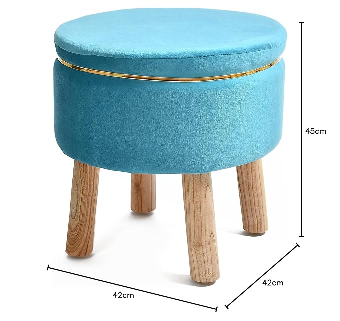 Velvet Round Blue Color Ottoman Chair with Wooden Legs - Image 4