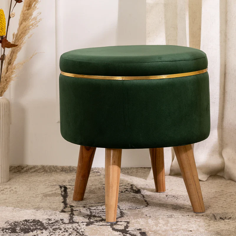 Velvet Round Rich Green Ottoman Chair with Wooden Legs - Image 2