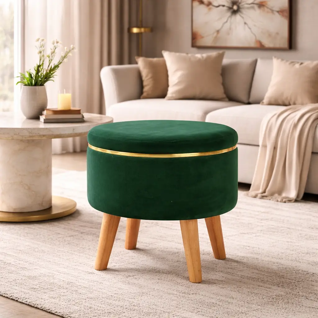 Velvet Round Rich Green Ottoman Chair with Wooden Legs - Image 3