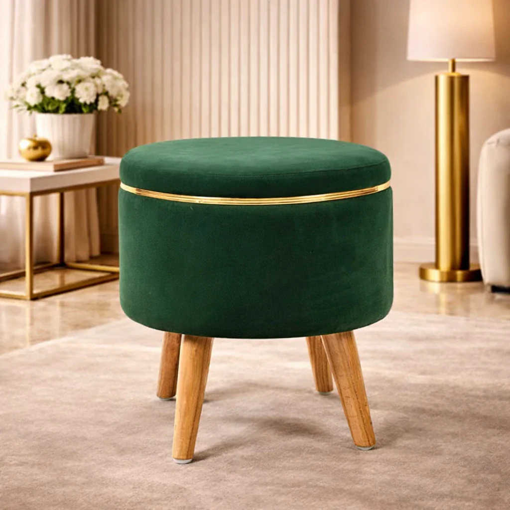 Velvet Round Rich Green Ottoman Chair with Wooden Legs - Image 4