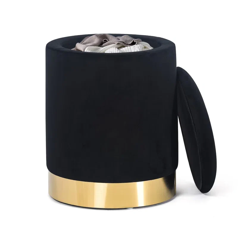 Velvet Rounded Shape Storage Ottoman with Golden Metal Finish - Image 6