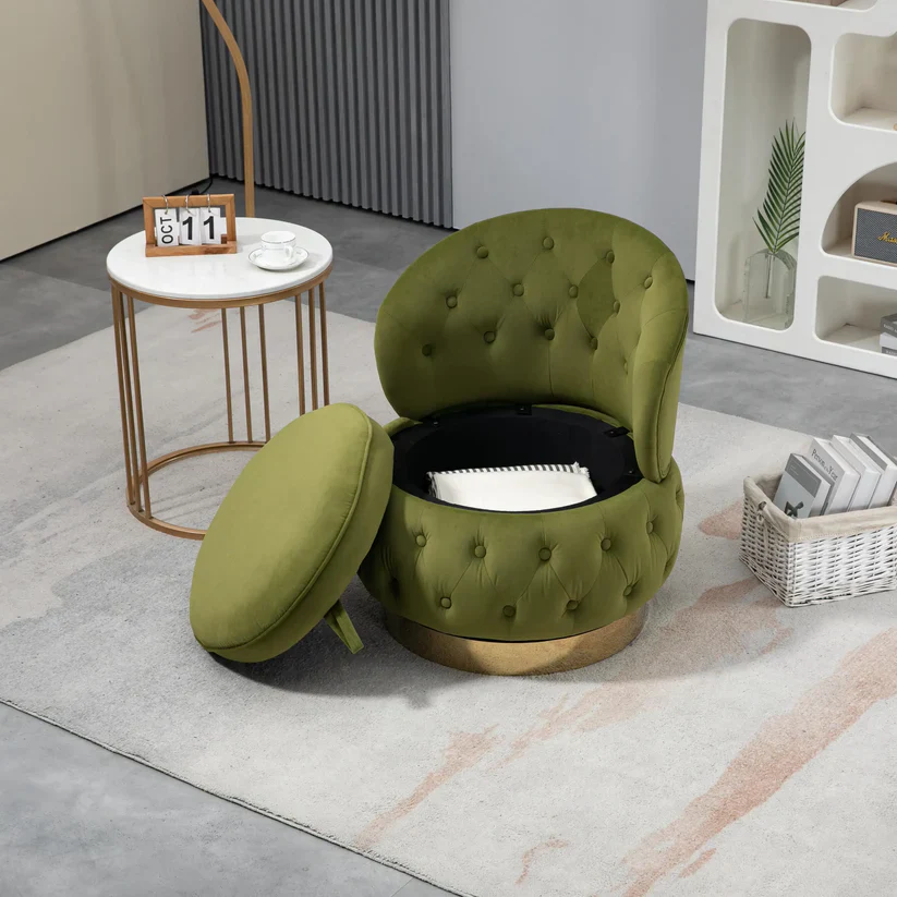 Velvet Swivel Ottoman Sofa Chair with Green Tufted Back and Gold-Plated Base - Image 2