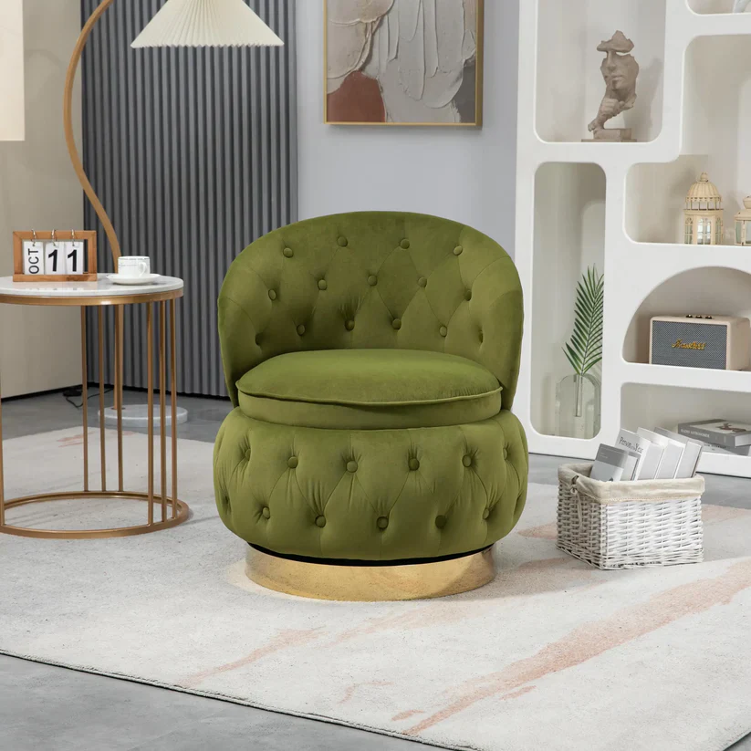 Velvet Swivel Ottoman Sofa Chair with Green Tufted Back and Gold-Plated Base - Image 3