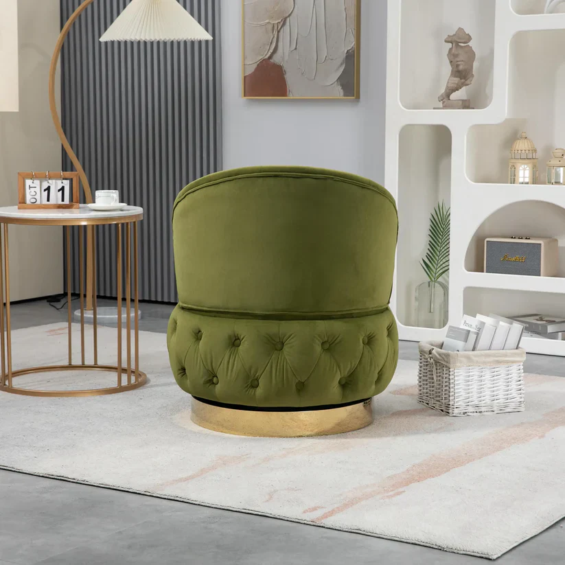 Velvet Swivel Ottoman Sofa Chair with Green Tufted Back and Gold-Plated Base - Image 4