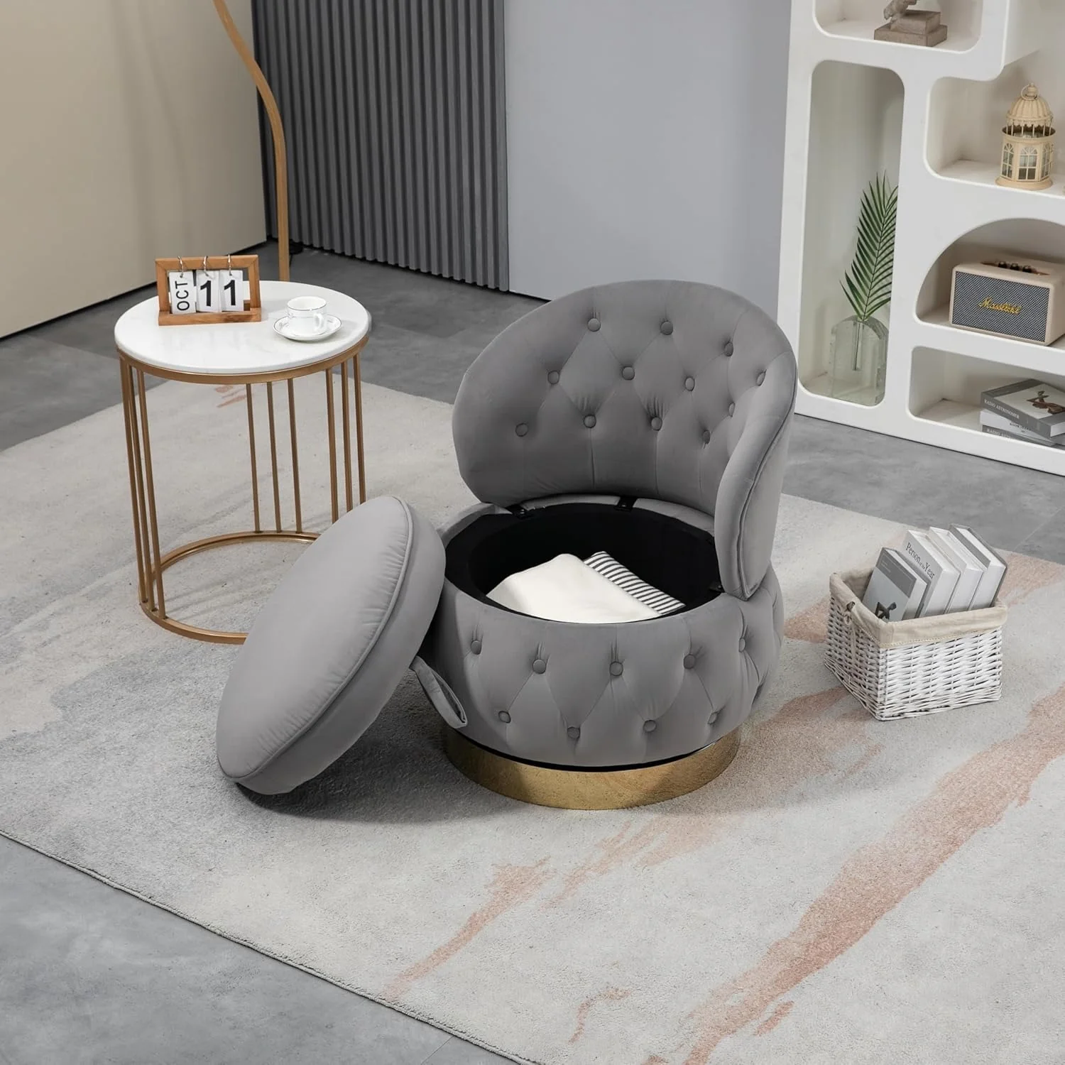 Velvet Swivel Ottoman Sofa Chair with Grey Tufted Back and Gold-Plated Base