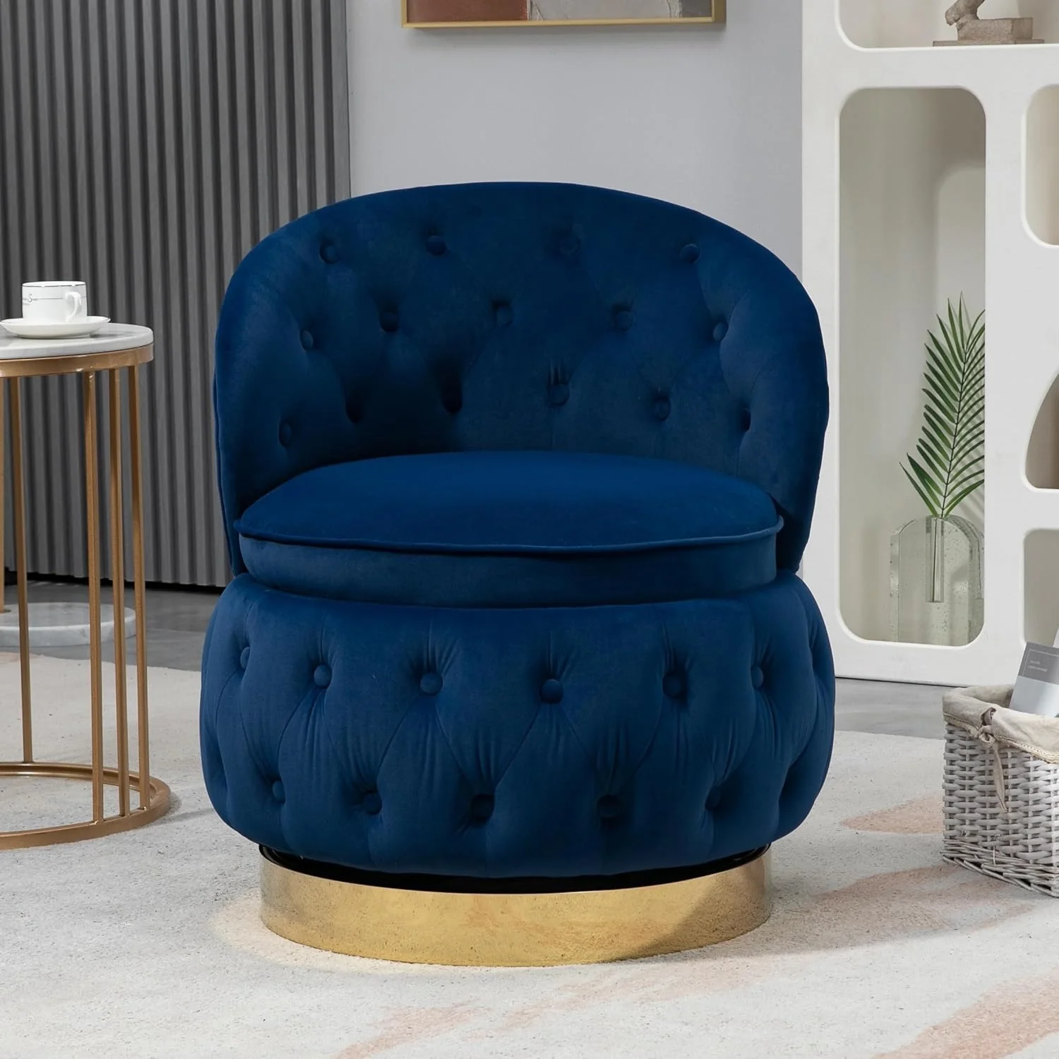 Velvet Swivel Ottoman Sofa Chair with Rich Blue Tufted Back and Gold-Plated Base - Image 2