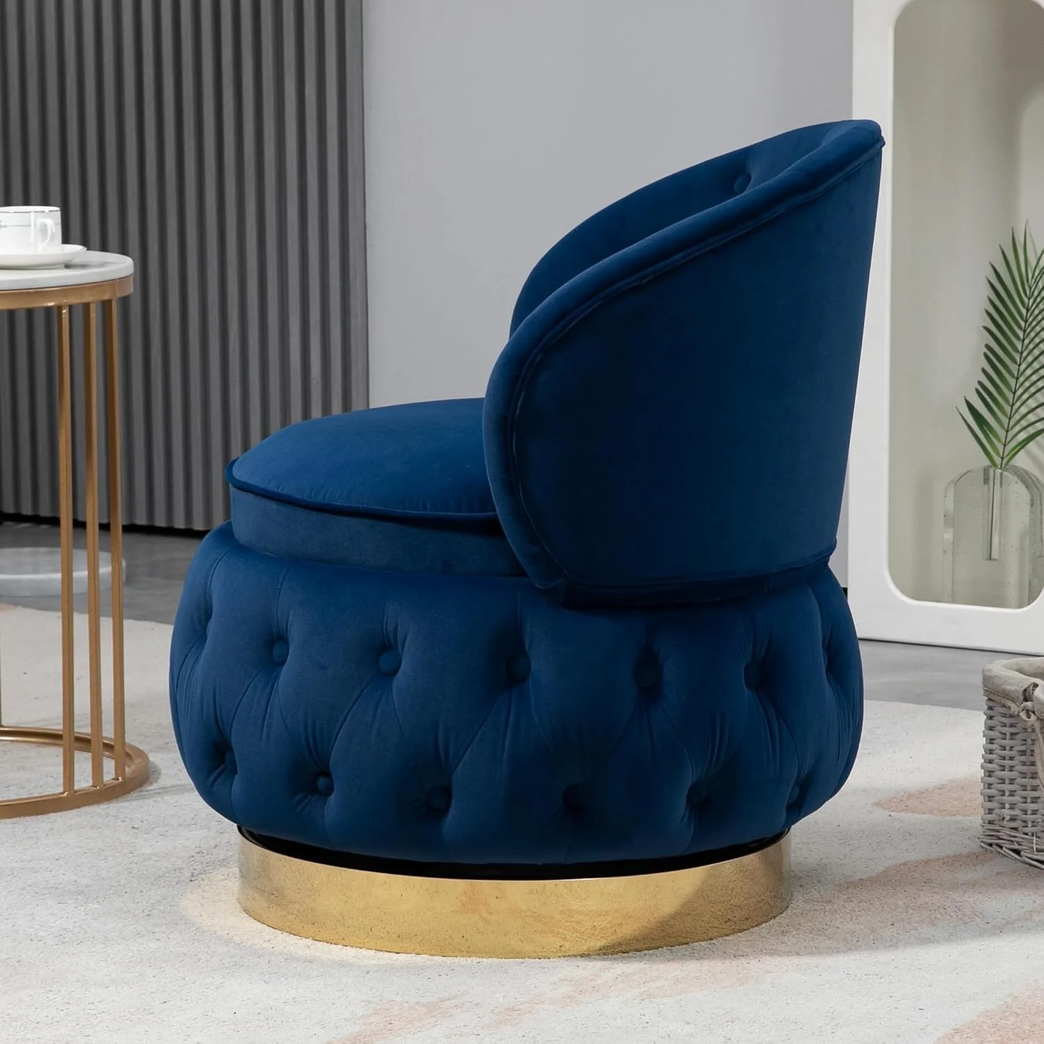Velvet Swivel Ottoman Sofa Chair with Rich Blue Tufted Back and Gold-Plated Base - Image 4