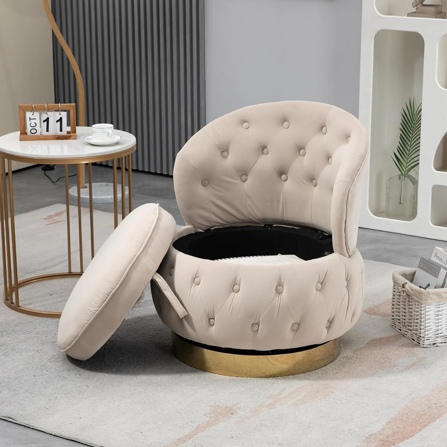 Velvet Swivel Ottoman Sofa Chair with White Tufted Back and Gold-Plated Base - Image 6