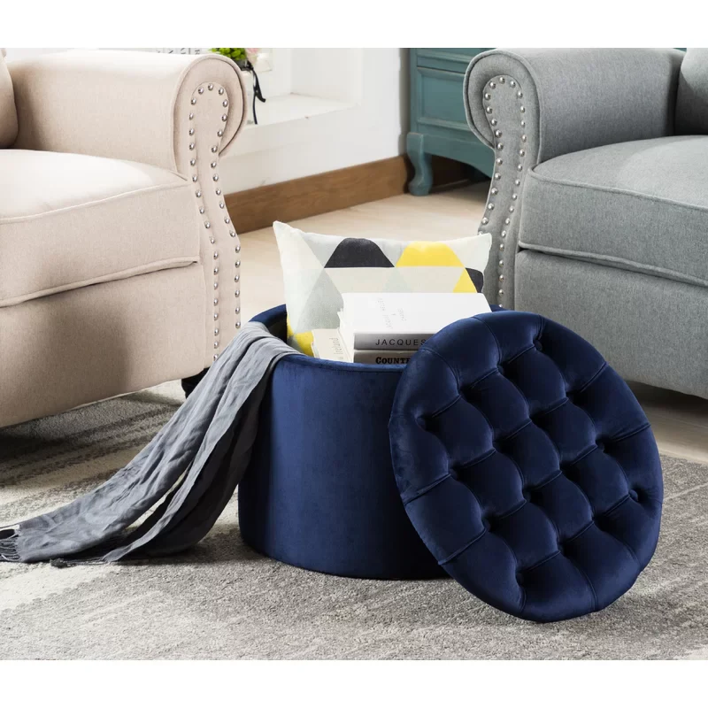Velvet Tufted Royal Blue Rounded Shaped Storage Ottoman - Image 2