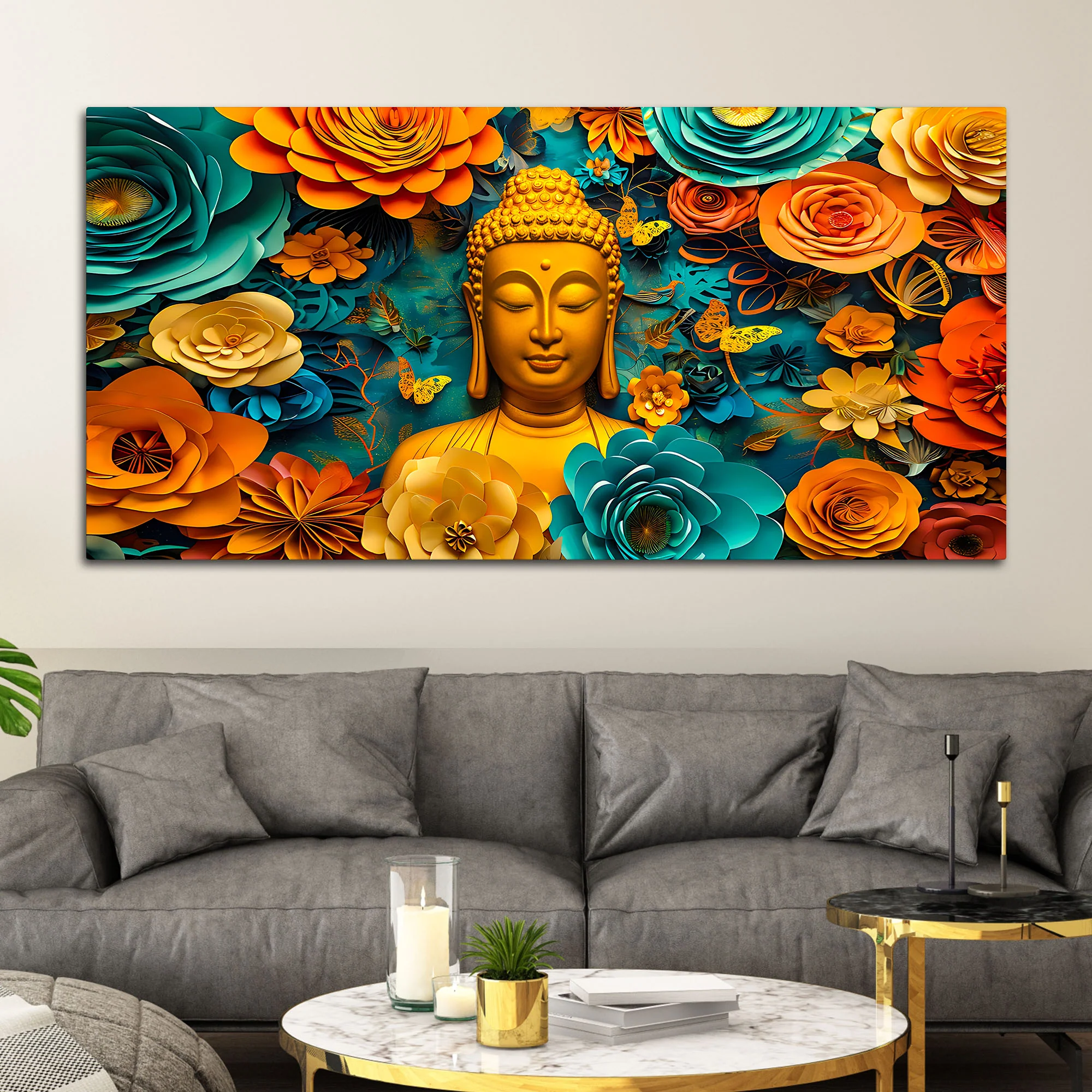 Vibrant Buddha Wall Painting with Multicolor Floral Artwork - Image 3