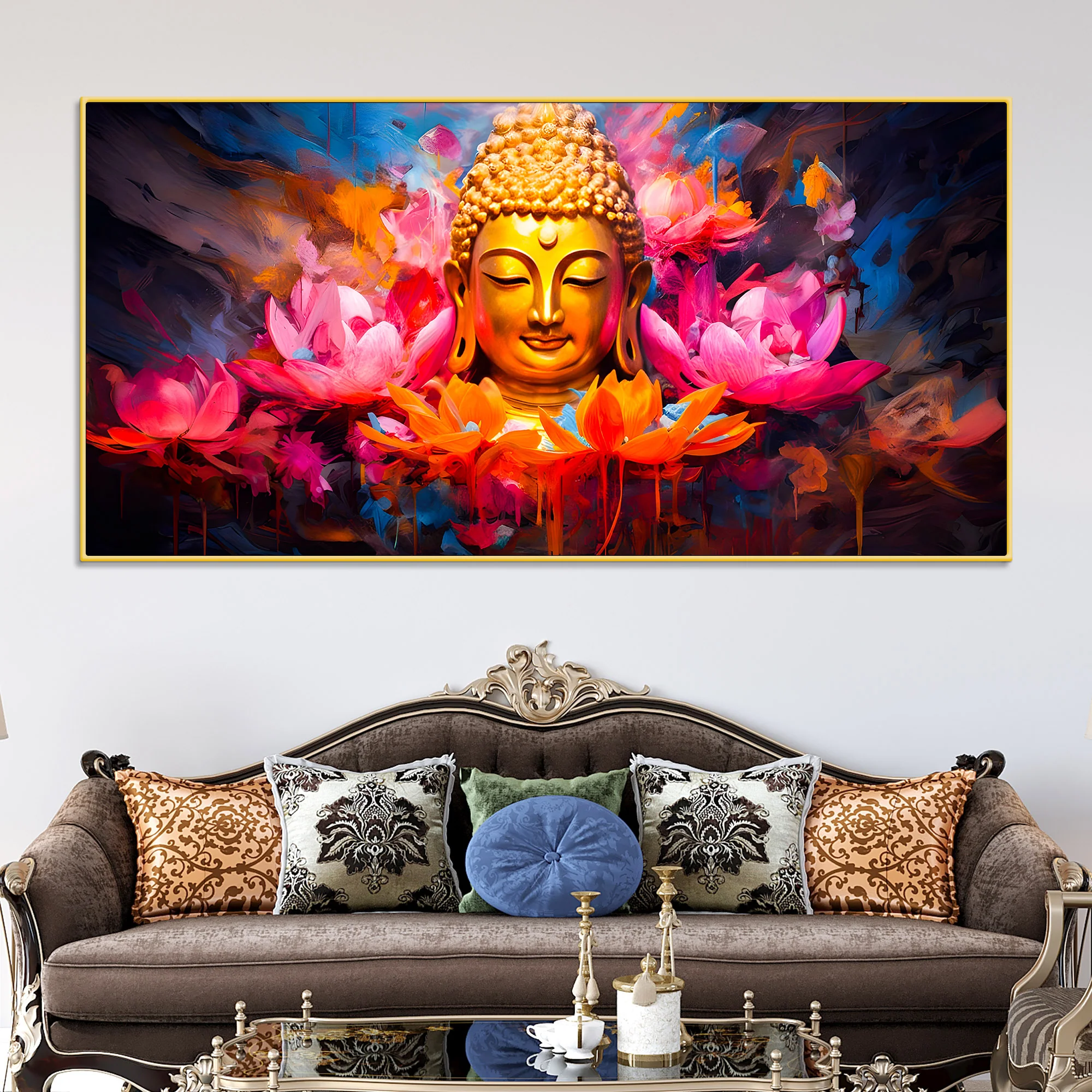 Vibrant Gautam Buddha Lotus Wall Painting for Luxury Living Room