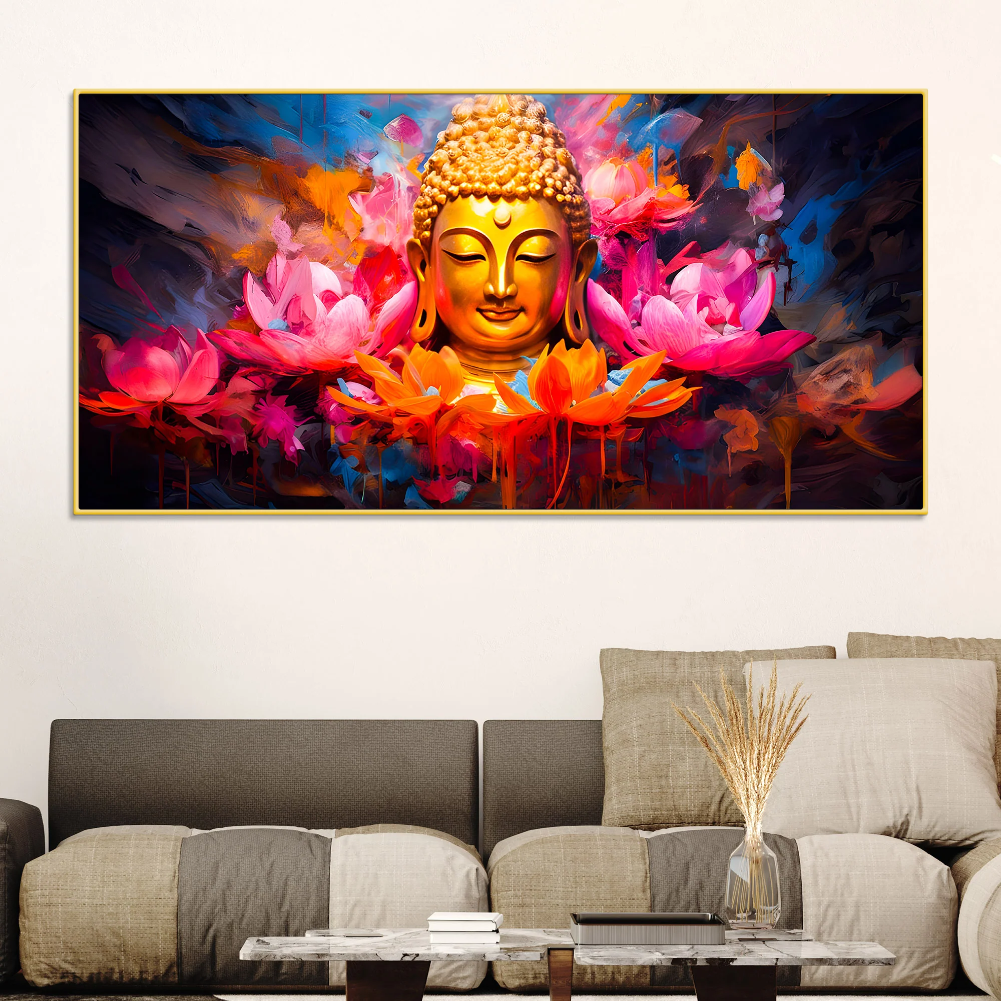 Vibrant Gautam Buddha Lotus Wall Painting for Luxury Living Room - Image 2