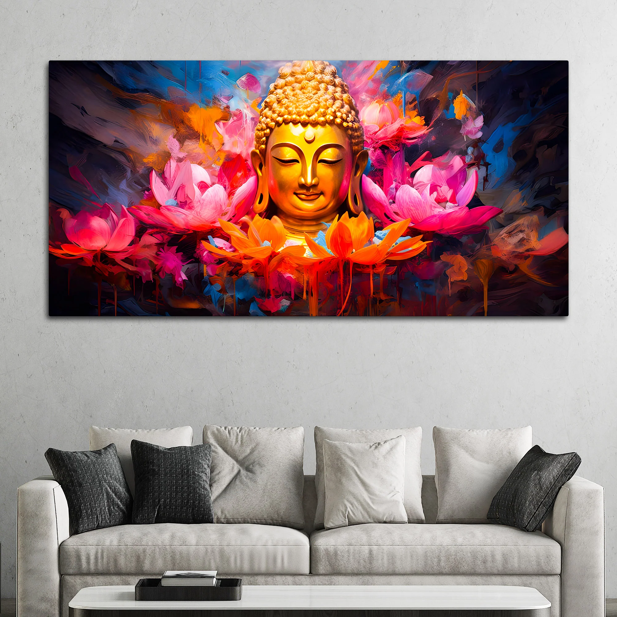 Vibrant Gautam Buddha Lotus Wall Painting for Luxury Living Room - Image 3