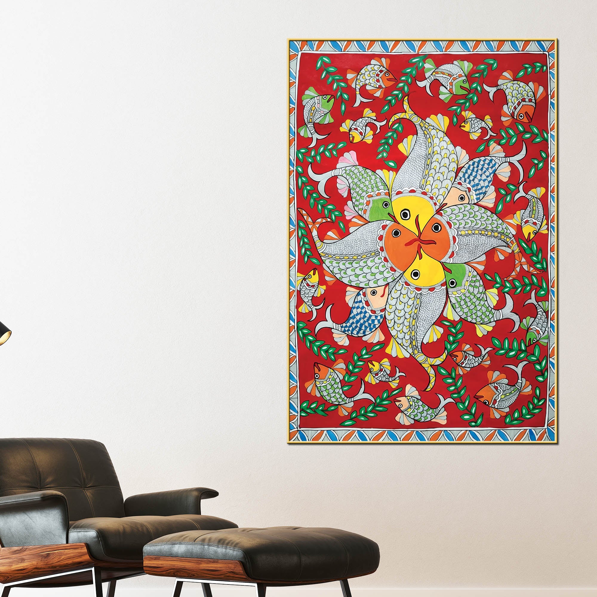 Vibrant Madhubani Fish Canvas Painting for Wall Decor - Image 2