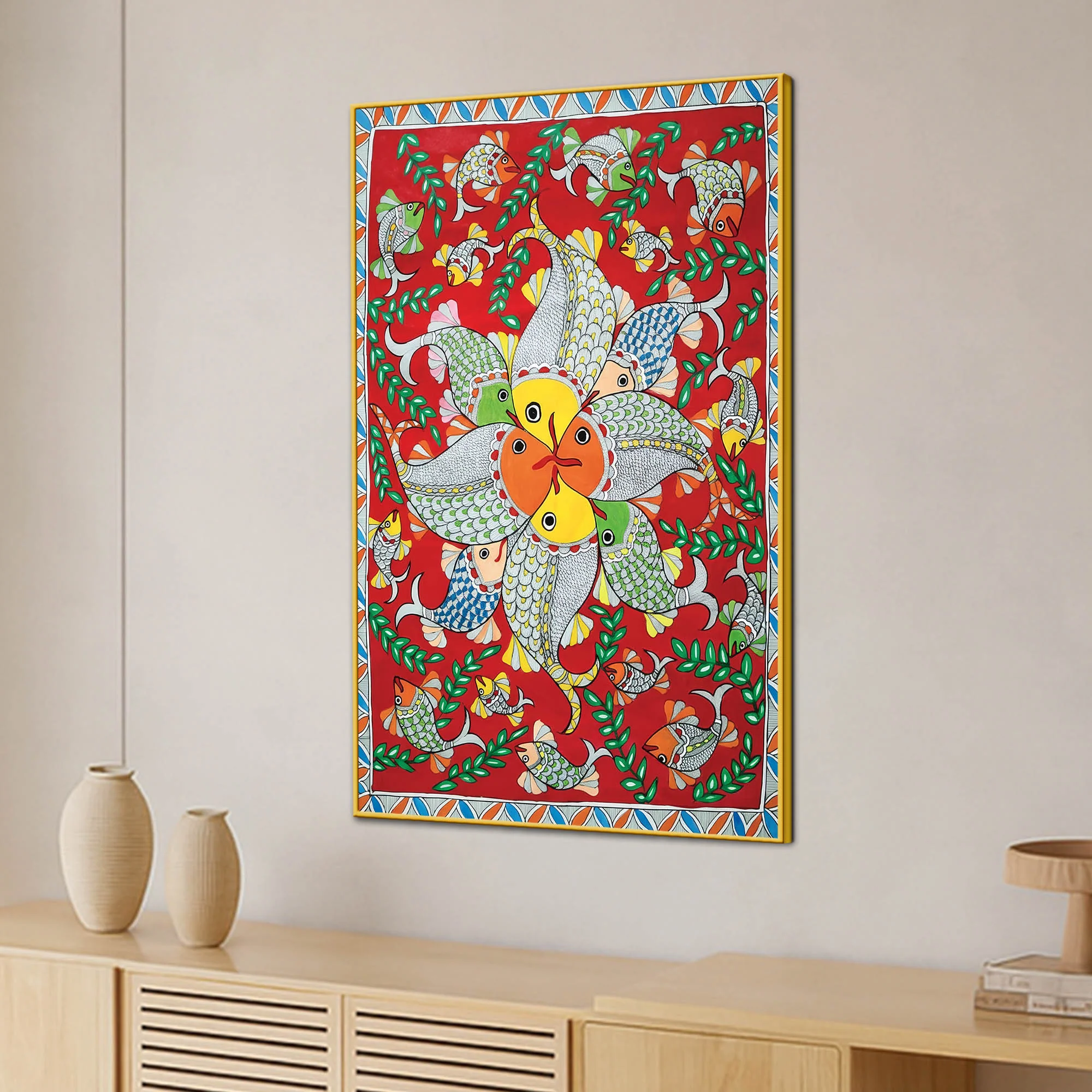 Vibrant Madhubani Fish Canvas Painting for Wall Decor - Image 3