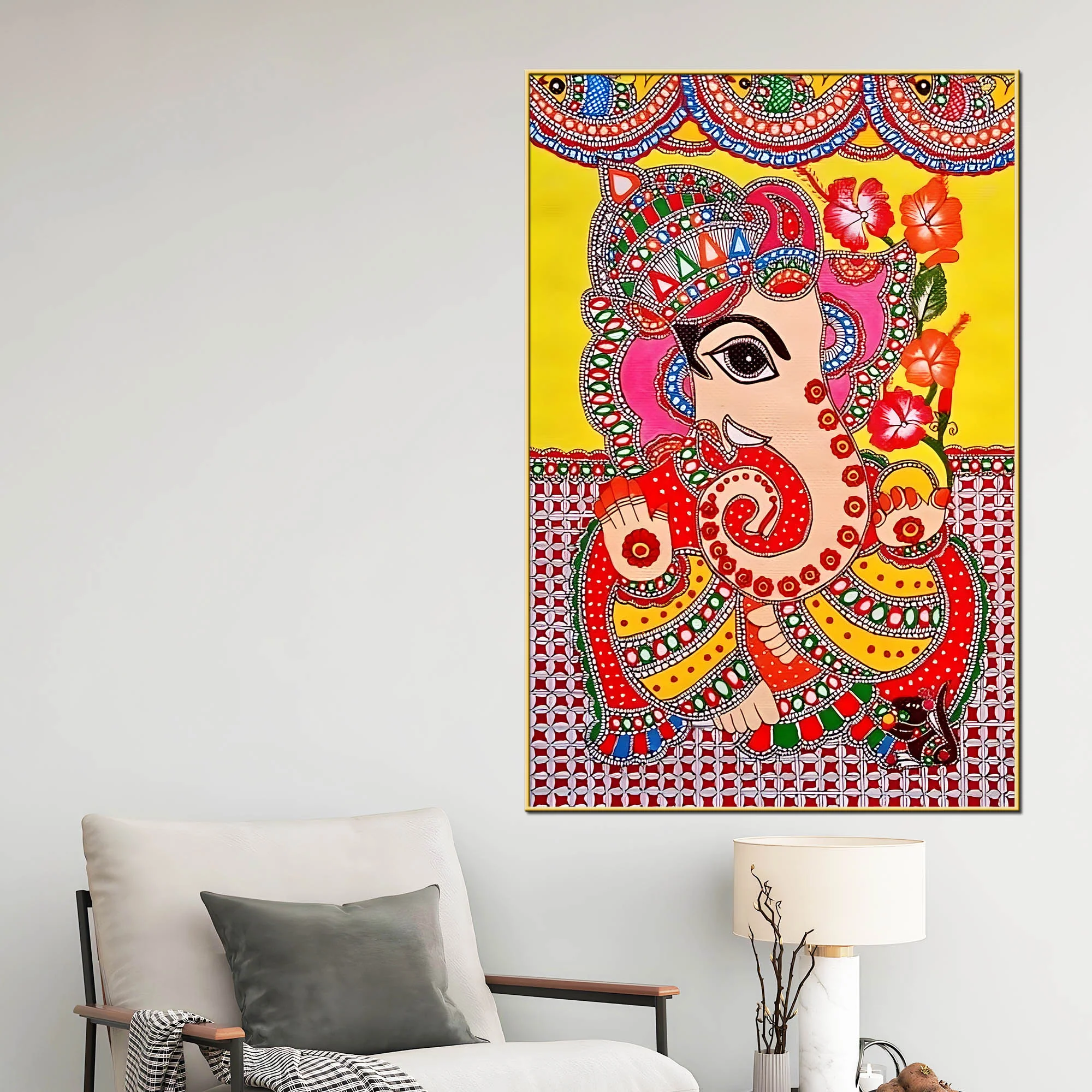 Vibrant Madhubani Ganesha Canvas Painting - Image 2