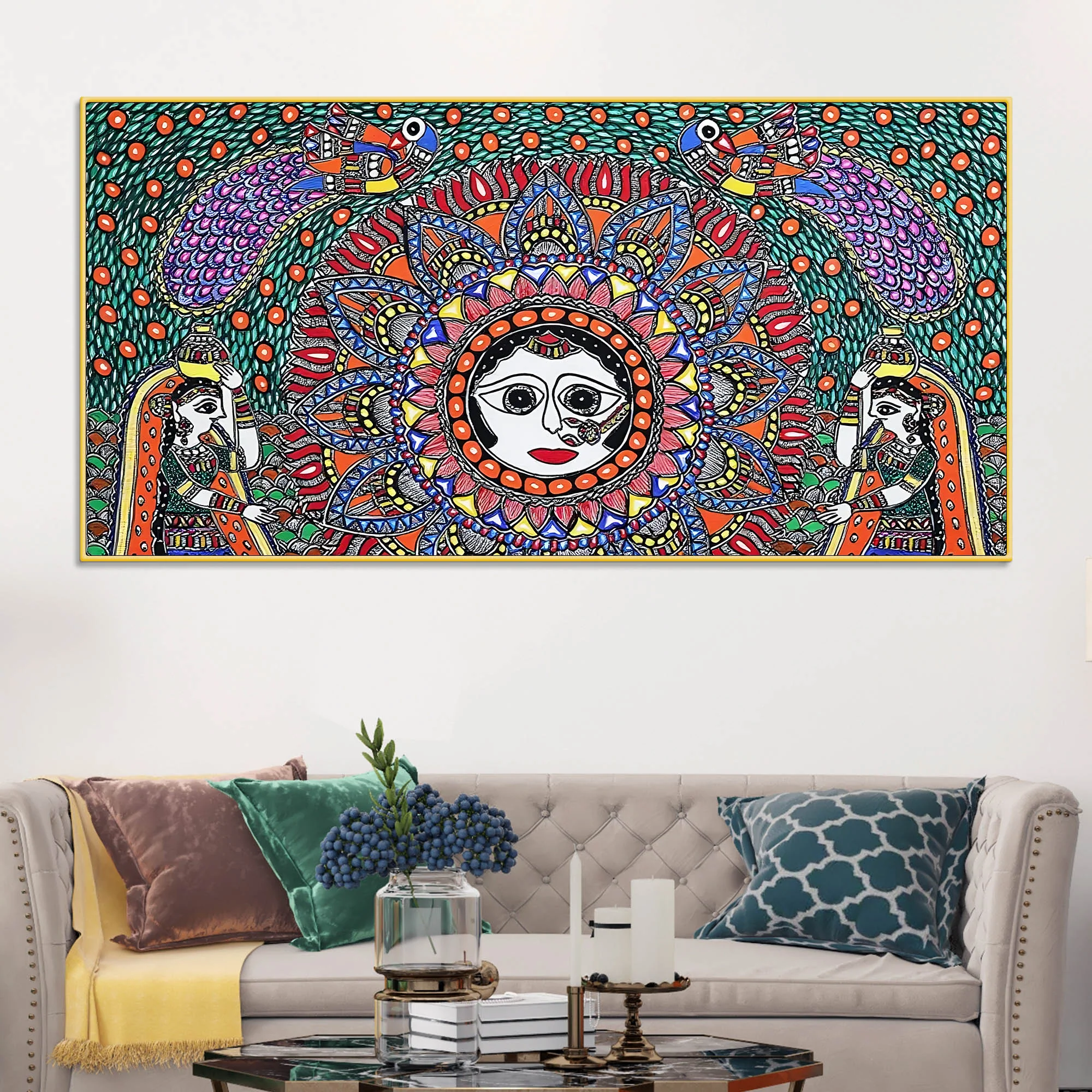 Vibrant Madhubani Surya Canvas Wall Painting - Image 2