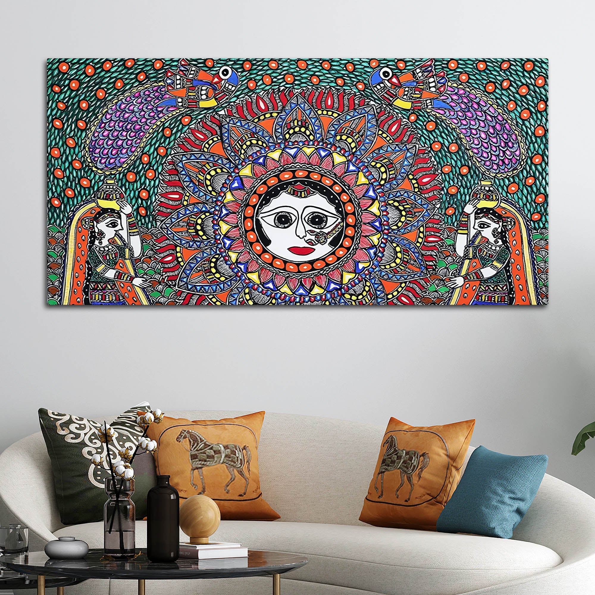 Vibrant Madhubani Surya Canvas Wall Painting - Image 3