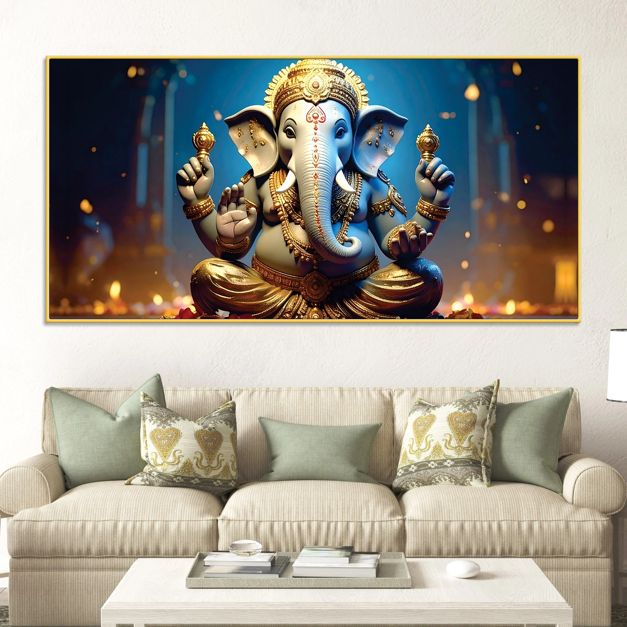 Vibrant Seated Lord Shri Ganesha Idol Canvas Wall Painting for Home & Office Decoration – Modern Spiritual Wall Art