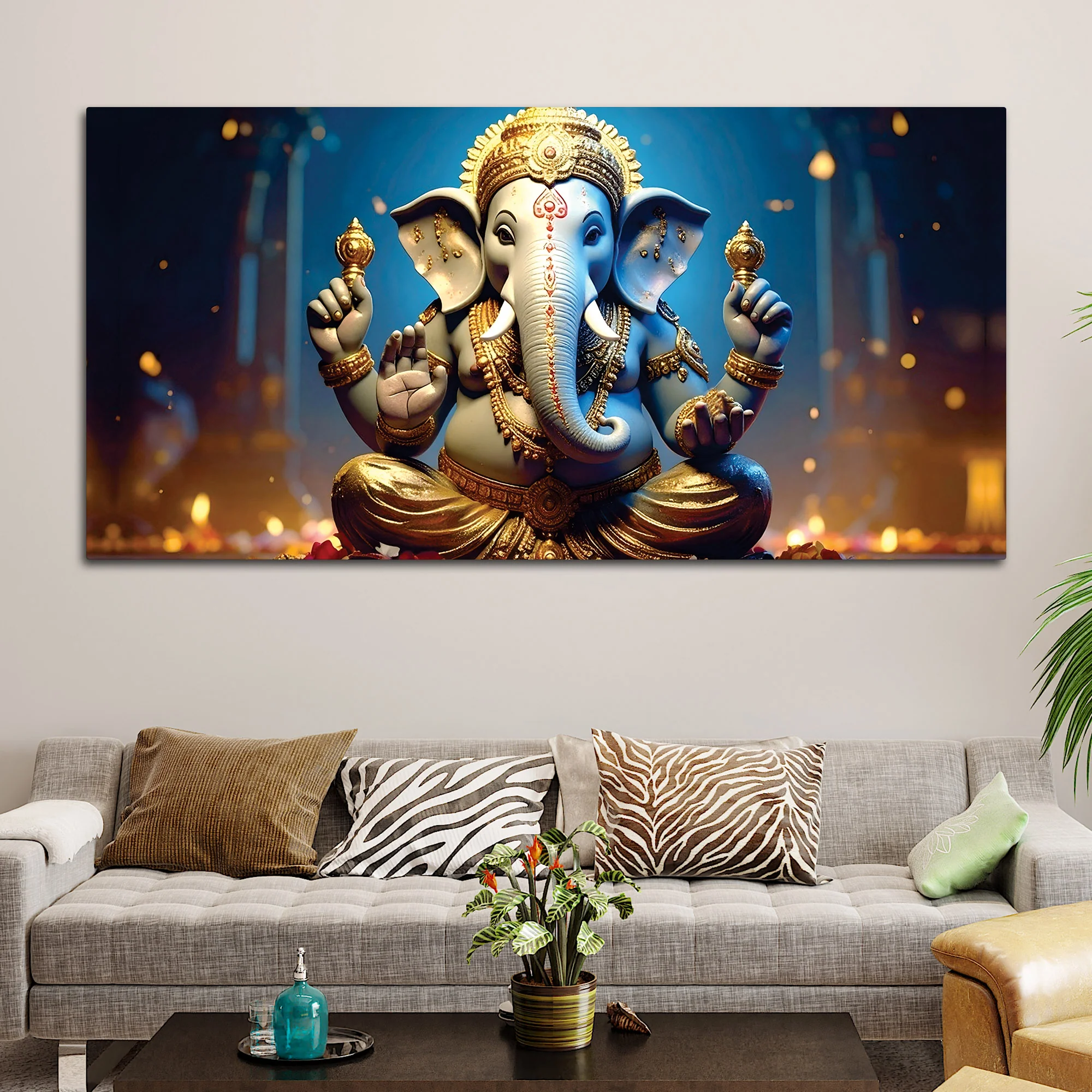 Vibrant Seated Lord Shri Ganesha Idol Canvas Wall Painting for Home & Office Decoration – Modern Spiritual Wall Art - Image 2