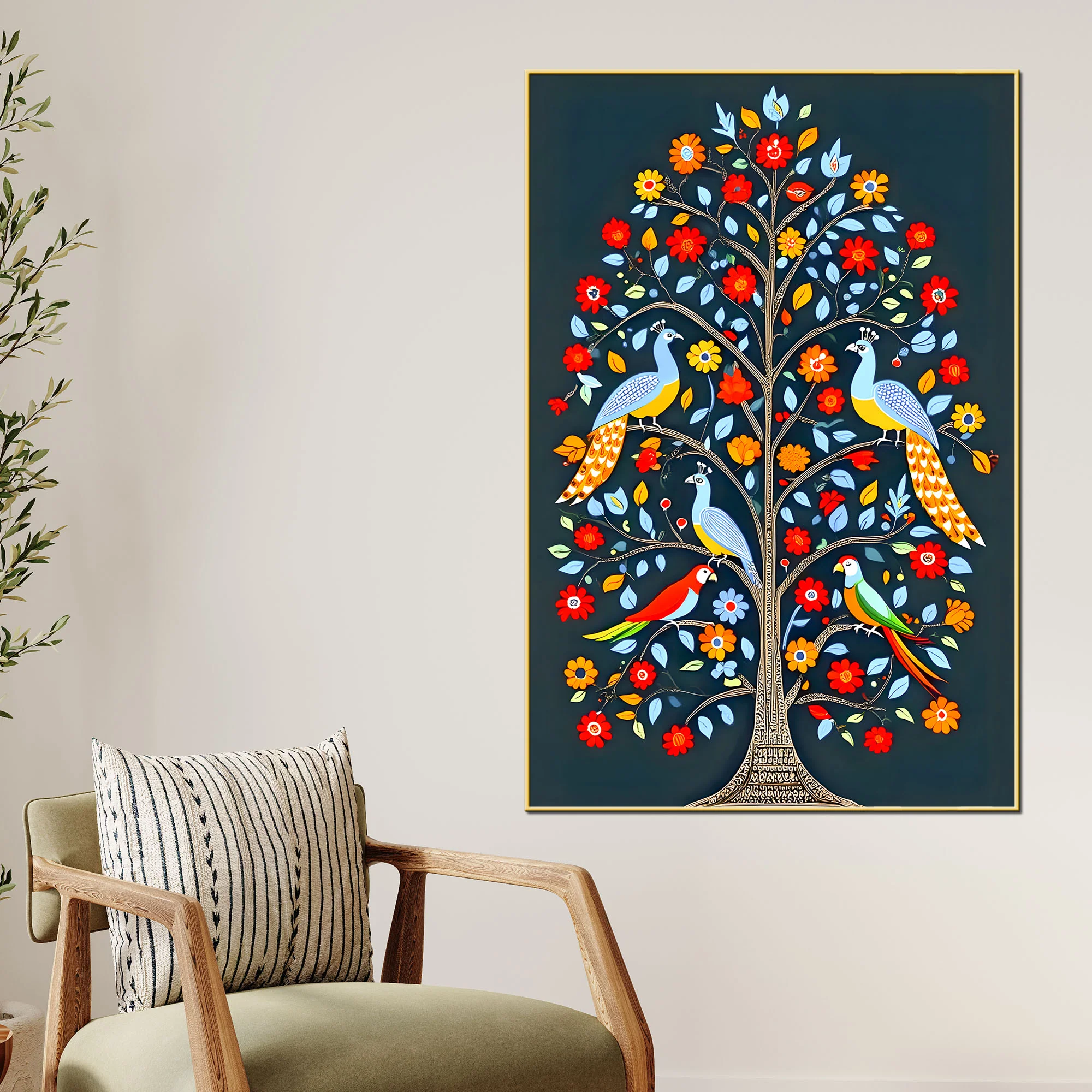 Vibrant Tree of Life Birds & Flowers Canvas Painting - Image 2