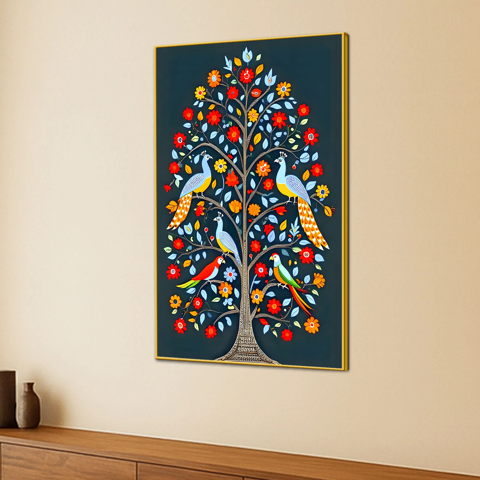 Vibrant Tree of Life Birds & Flowers Canvas Painting - Image 3
