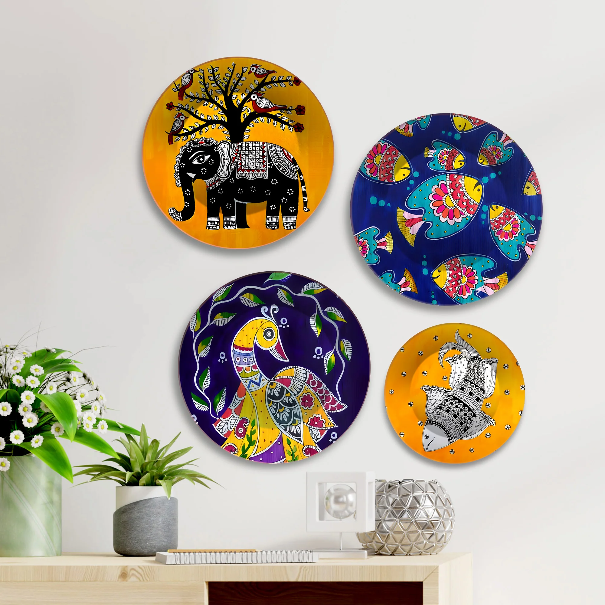 Vibrant Tribal Spirit Jungle Motifs Premium Wall Plates Painting Set of Four - Image 3