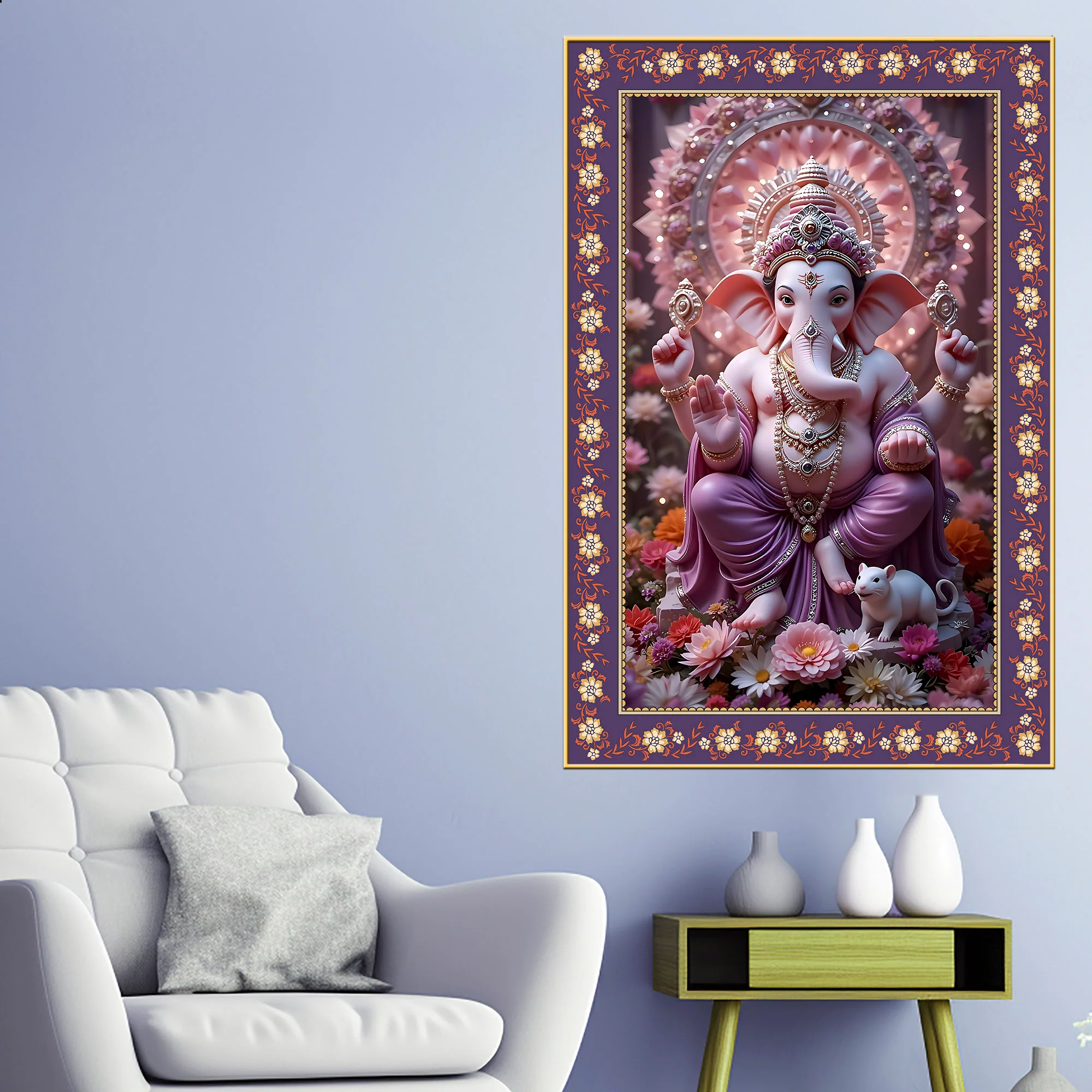 Vighnaharta Shree Ganesh Floral Border Vertical Wall Painting - Image 2