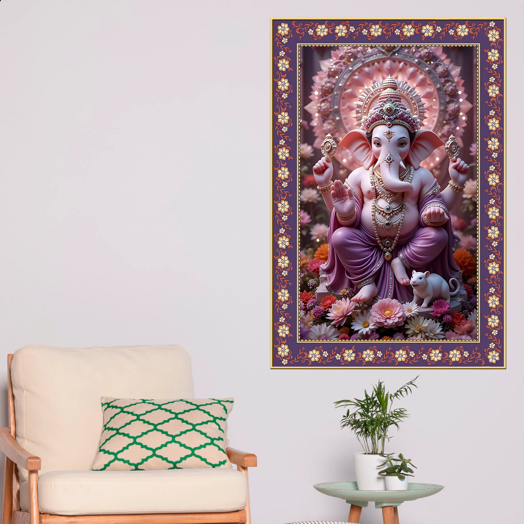 Vighnaharta Shree Ganesh Floral Border Vertical Wall Painting - Image 3