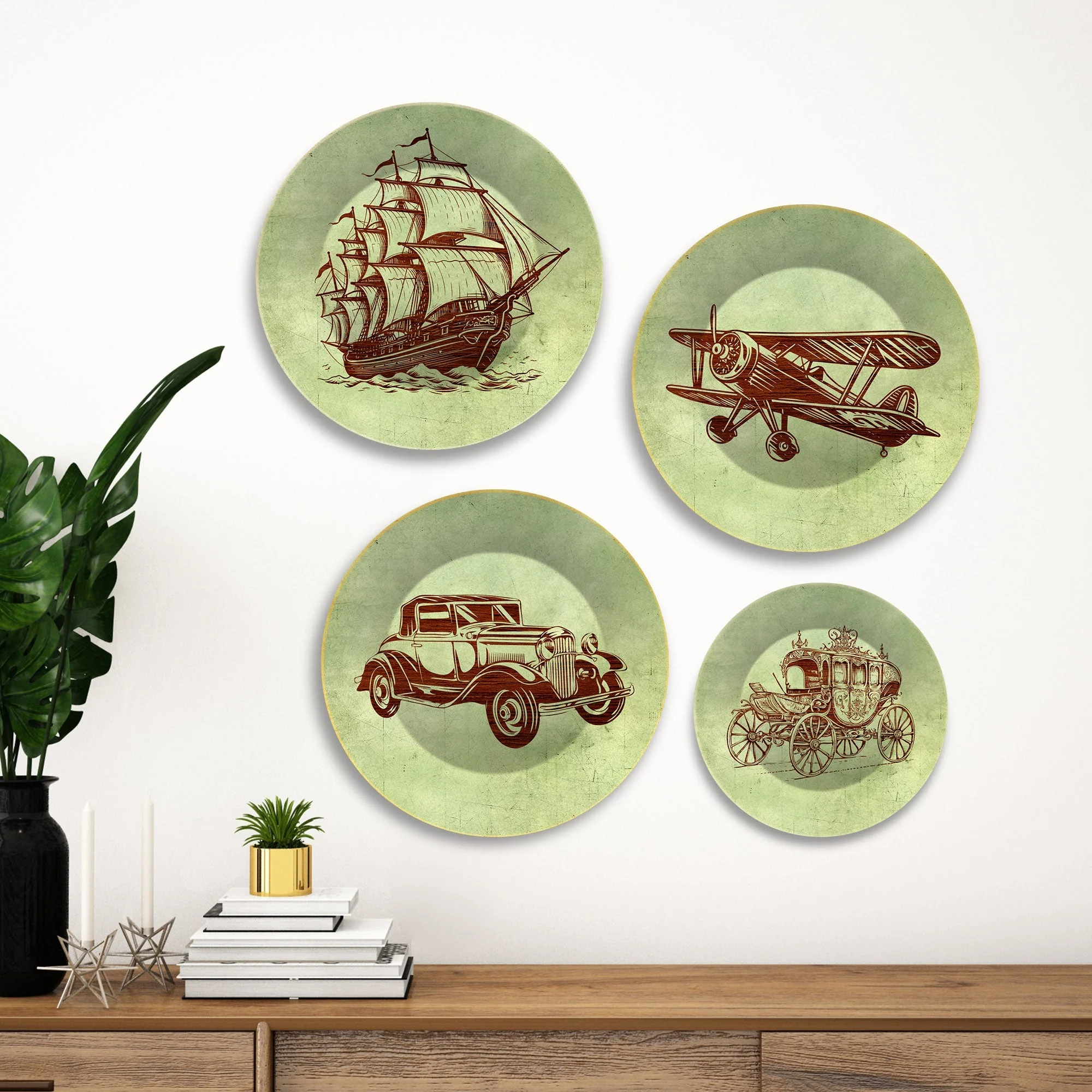 Vintage Means of Transport Wall Plates Painting Set of Four - Image 3