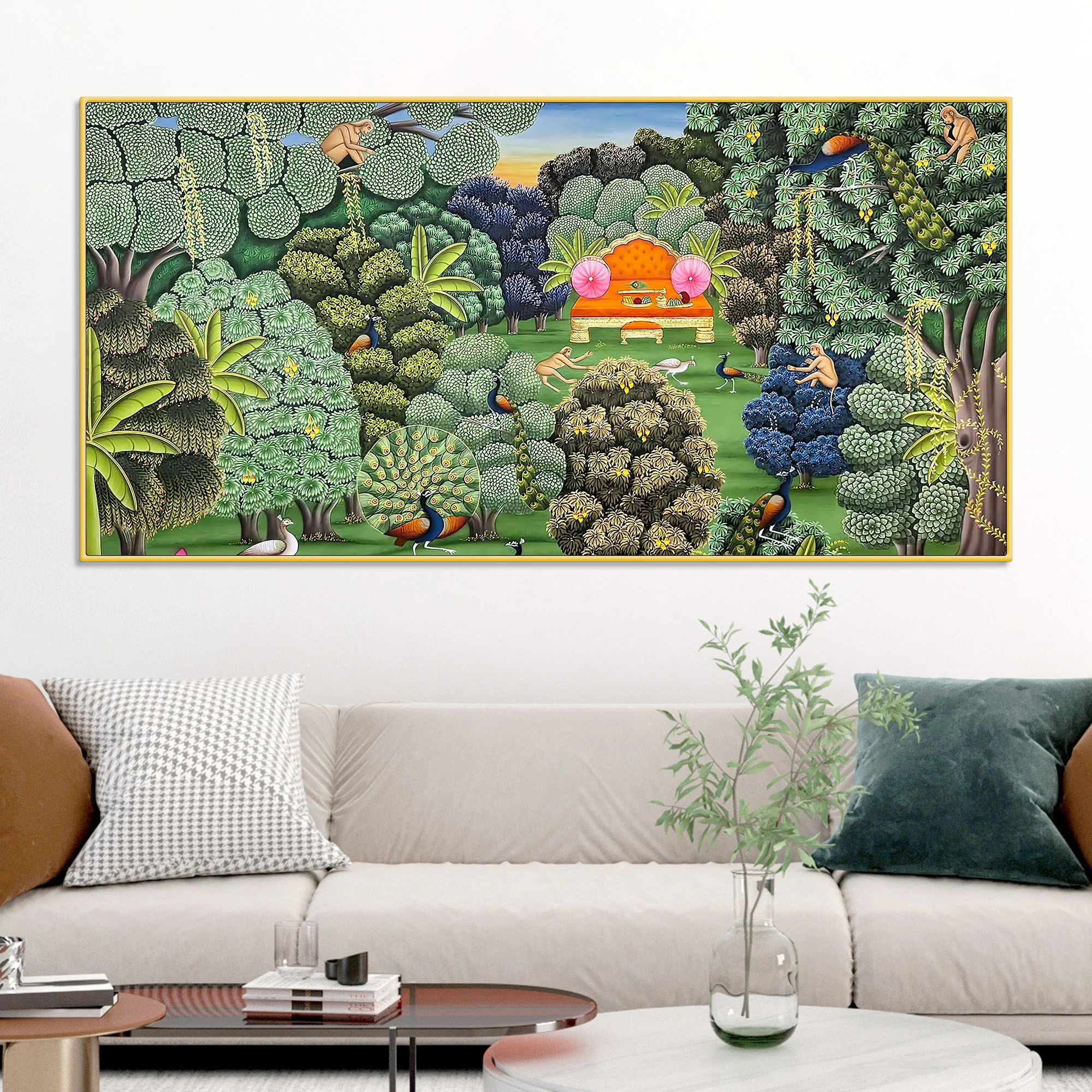 Vintage Peacocks Indian Palace Garden Canvas Wall Painting for Home