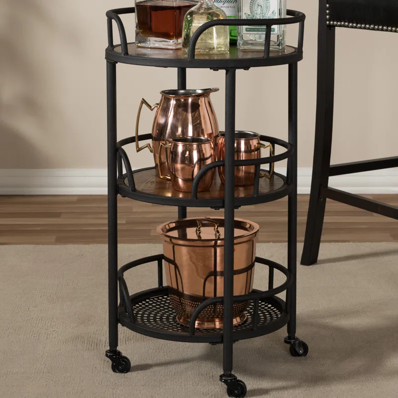 Vintage Round Bar Cart with Wood and Iron Finish - Image 2