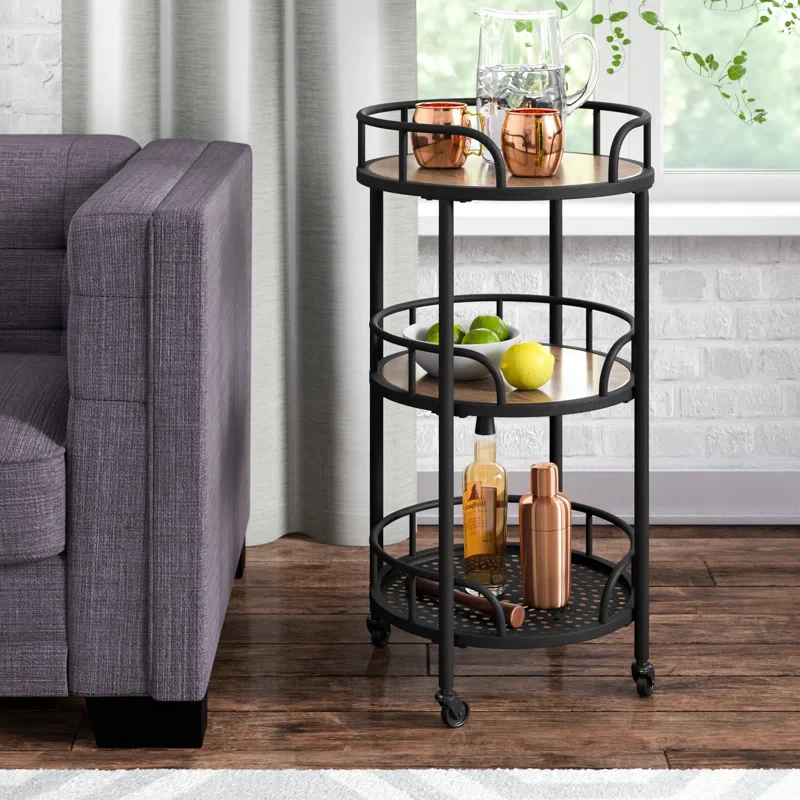 Vintage Round Bar Cart with Wood and Iron Finish - Image 3