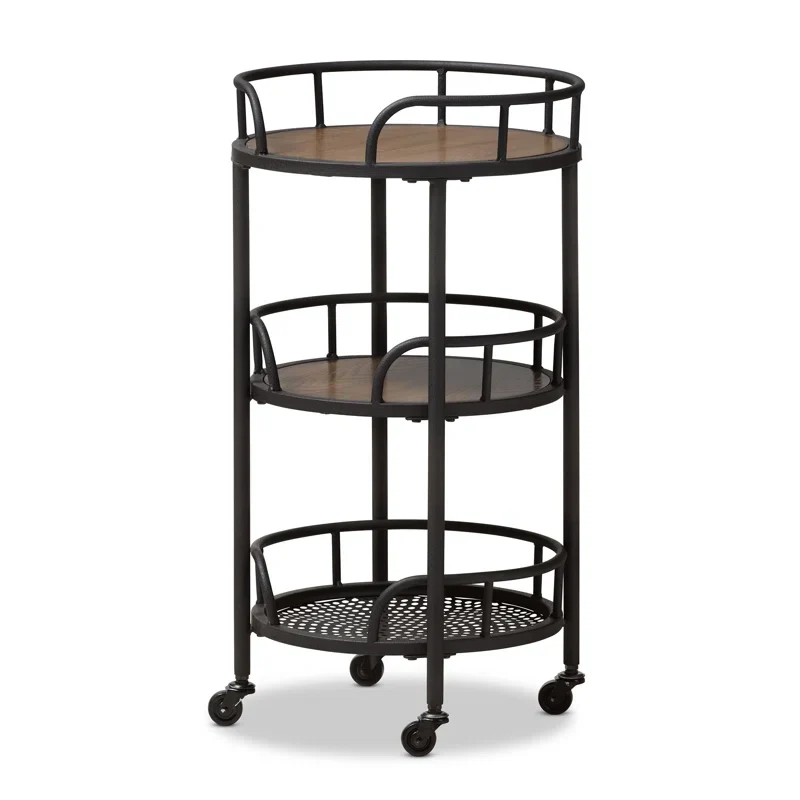 Vintage Round Bar Cart with Wood and Iron Finish - Image 6