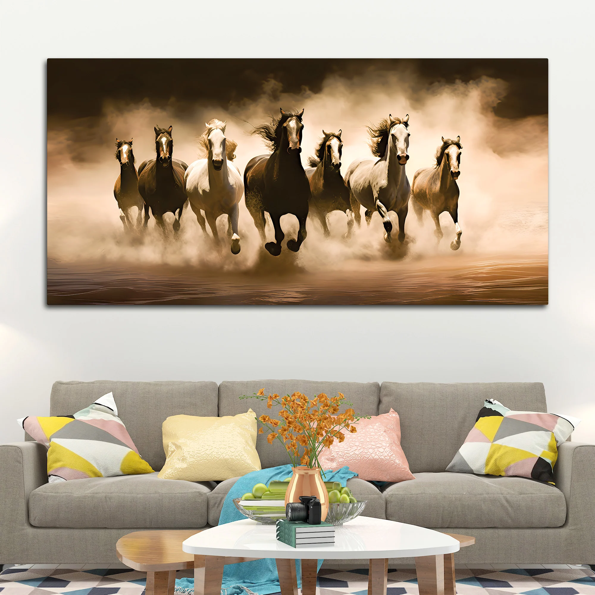 Vintage Scene of Seven Horses Canvas Wall Painting - Image 3