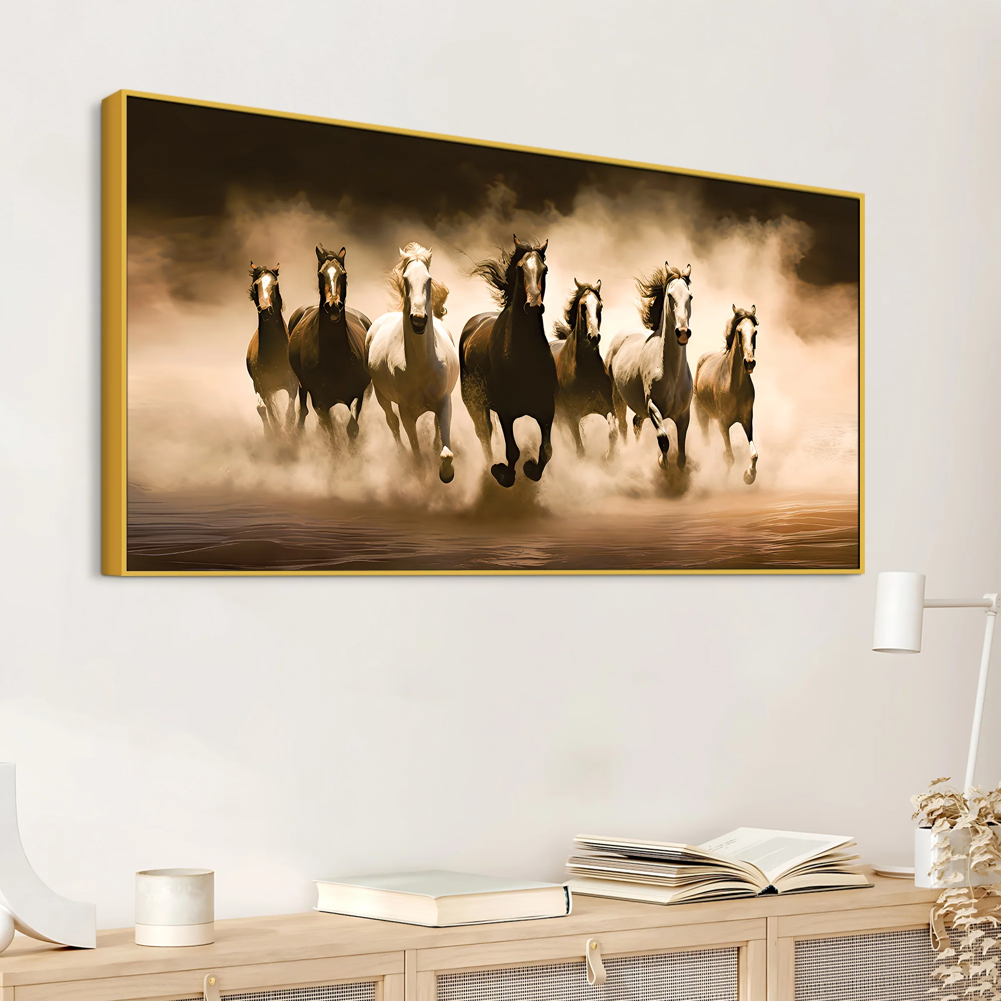 Vintage Scene of Seven Horses Canvas Wall Painting - Image 4