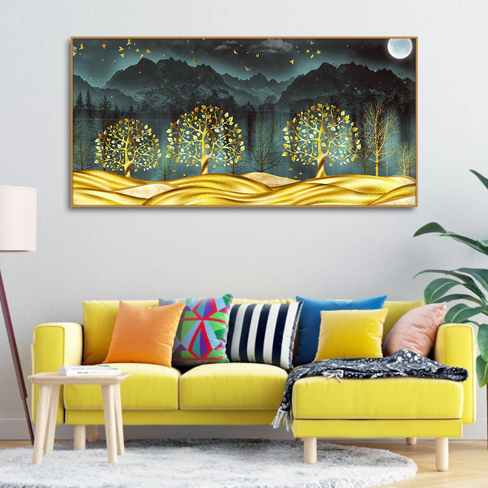 Wall Painting of Golden Trees in Dark Forest - Image 3