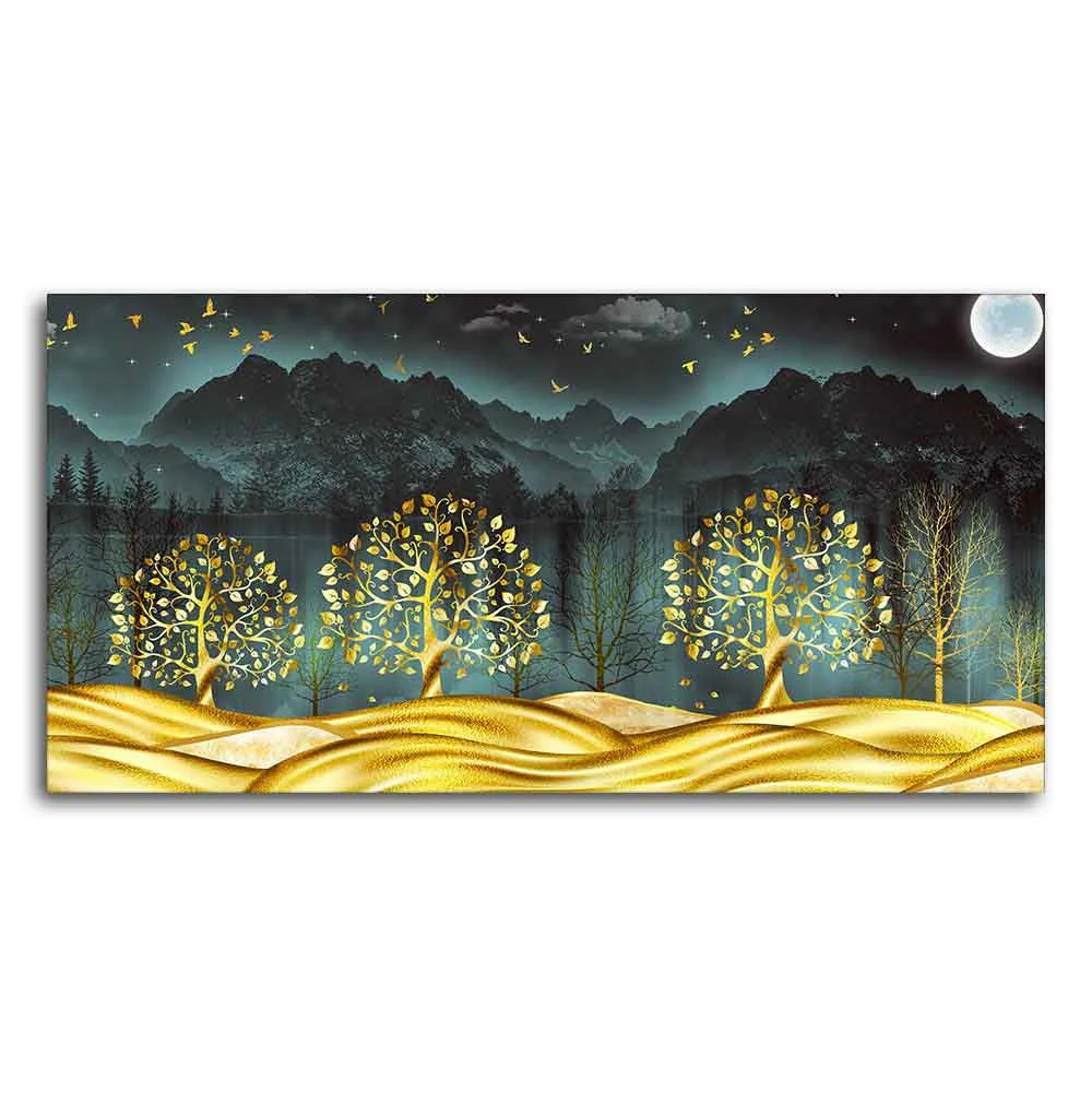 Wall Painting of Golden Trees in Dark Forest - Image 4