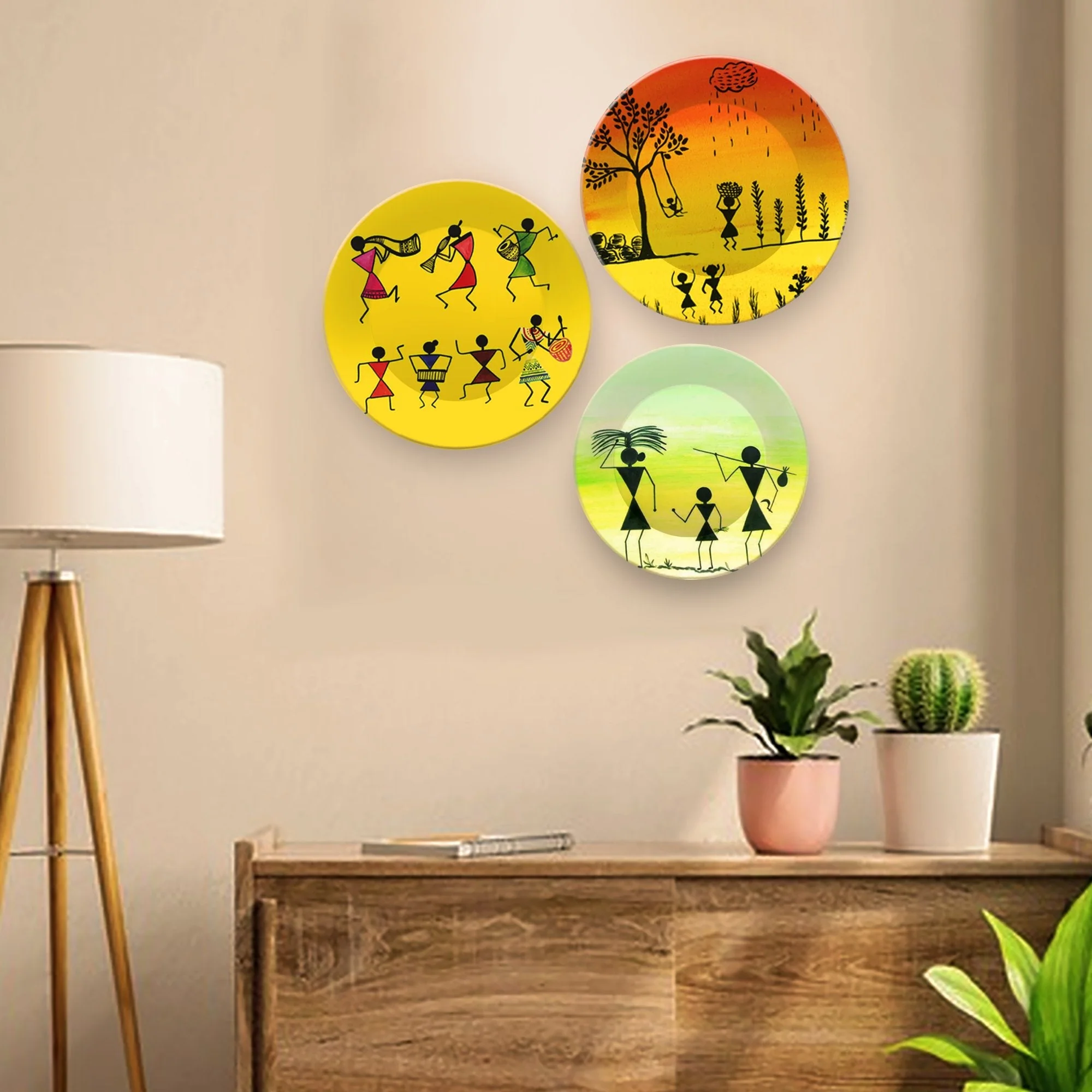 Wall Plates Painting 3 Pieces of Indian Warli Art - Image 3