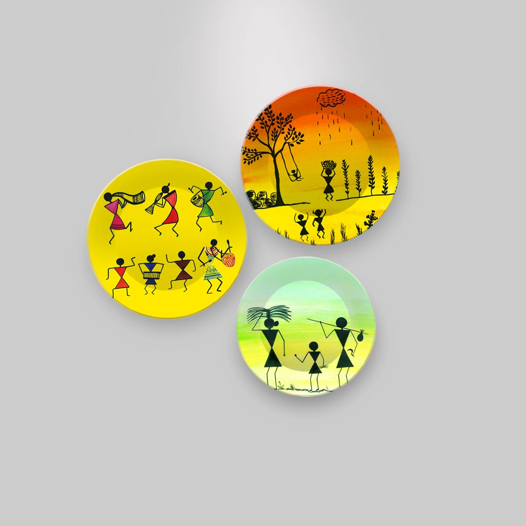 Wall Plates Painting 3 Pieces of Indian Warli Art - Image 4