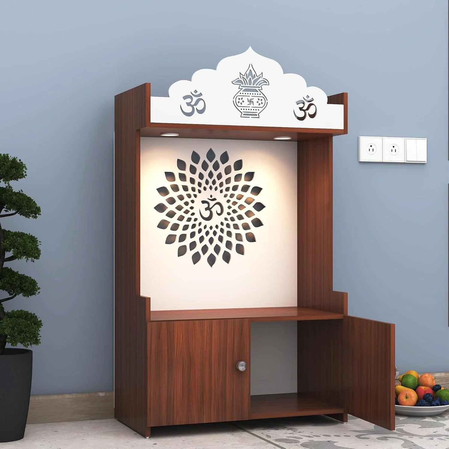 Walnut Finish Wooden Floor Pooja Mandir with Kalash & Om Design Lotus Pattern Back Panel & Cabinet - Image 4
