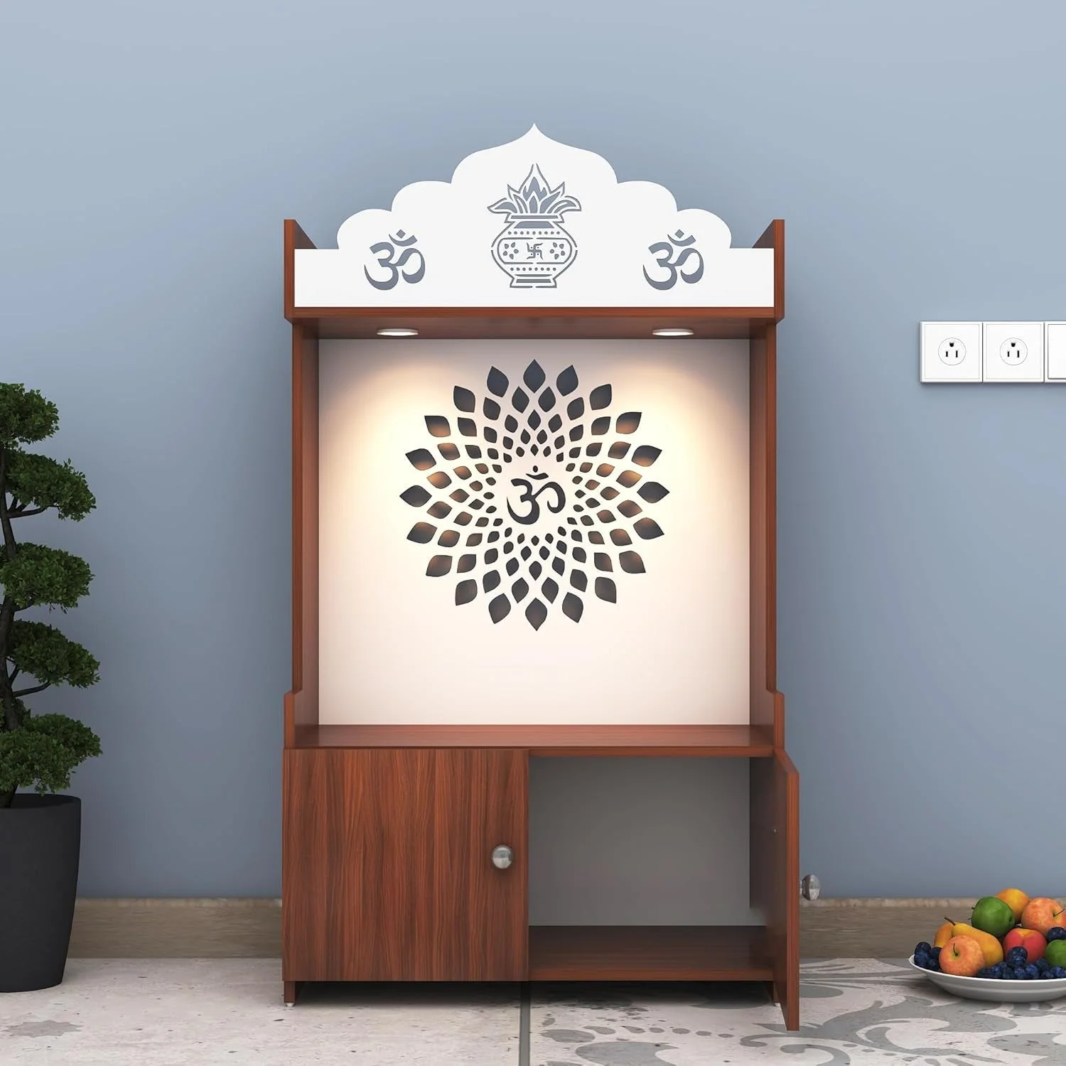 Walnut Finish Wooden Floor Pooja Mandir with Kalash & Om Design Lotus Pattern Back Panel & Cabinet - Image 5