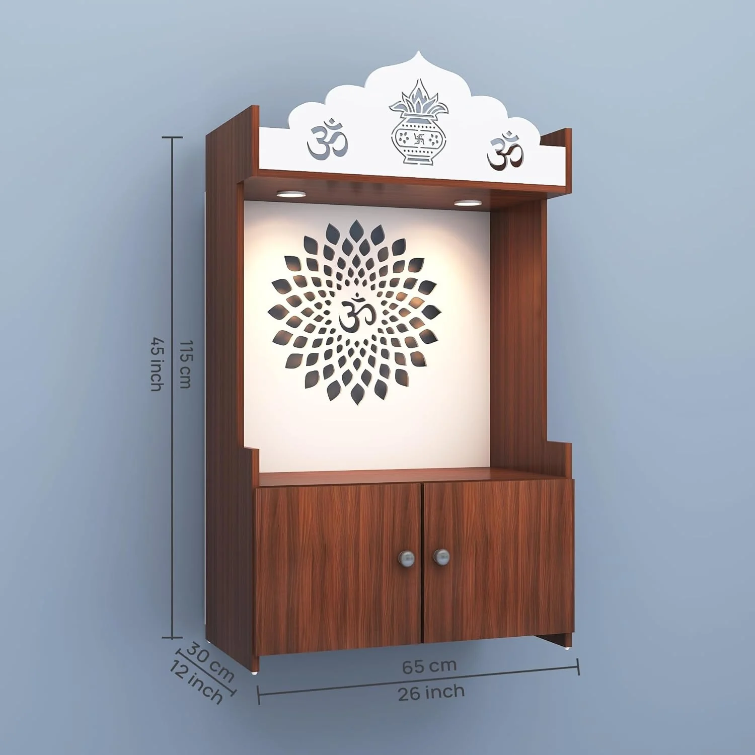 Walnut Finish Wooden Floor Pooja Mandir with Kalash & Om Design Lotus Pattern Back Panel & Cabinet - Image 6