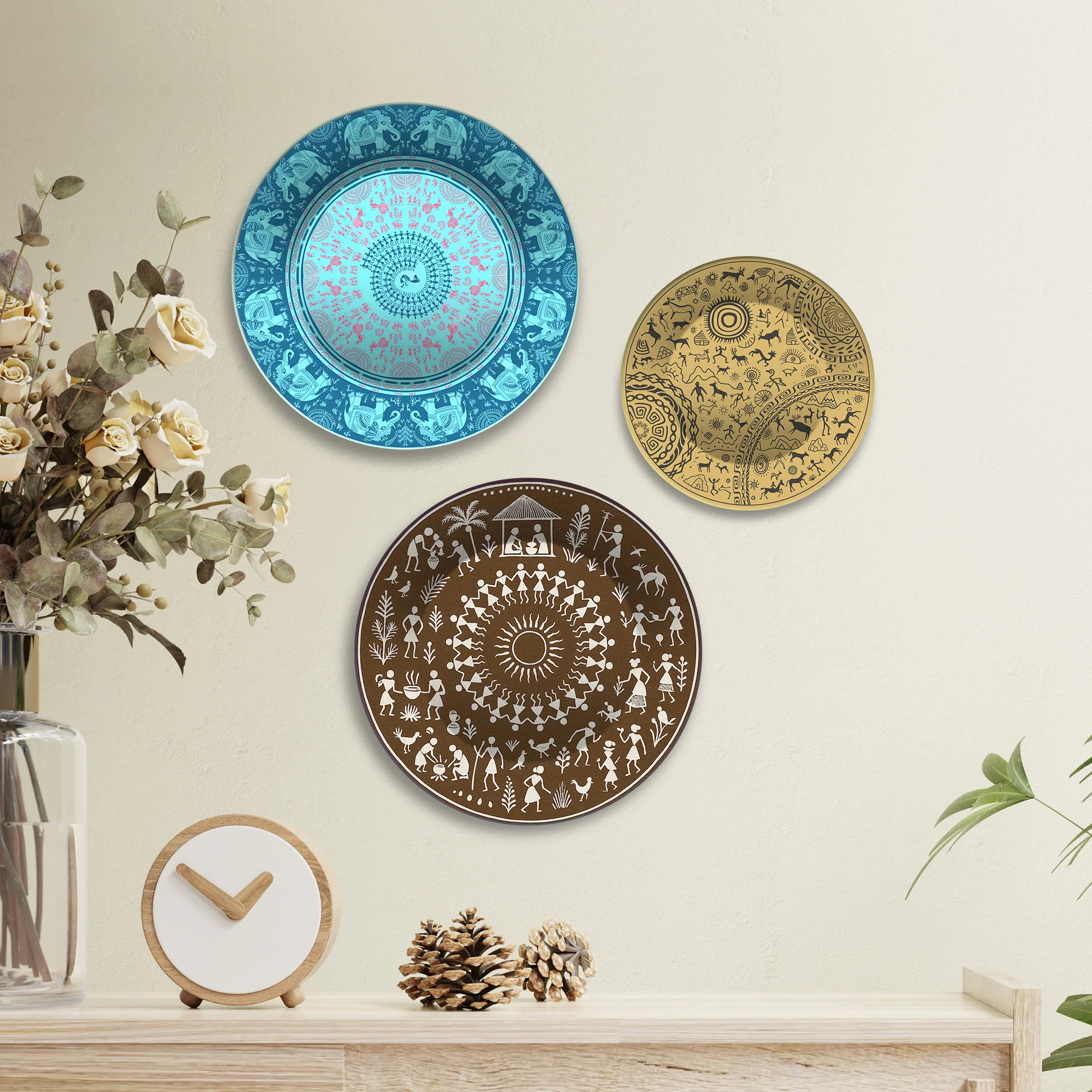 Warli and Tribal Art Village Vibes Premium Wall Plates Painting Set of 3 - Image 2