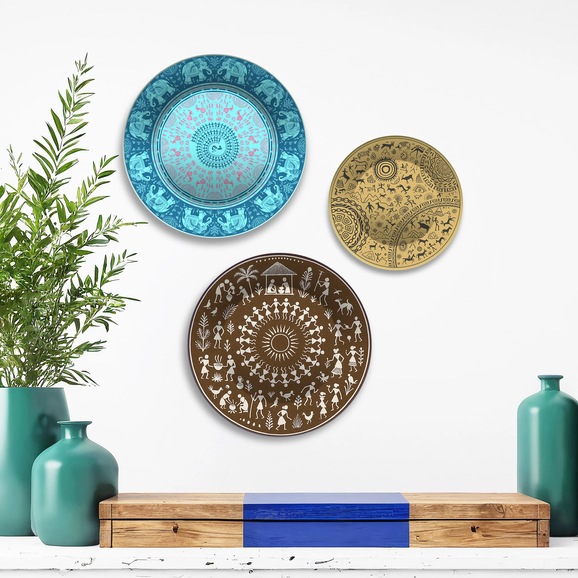 Warli and Tribal Art Village Vibes Premium Wall Plates Painting Set of 3 - Image 3
