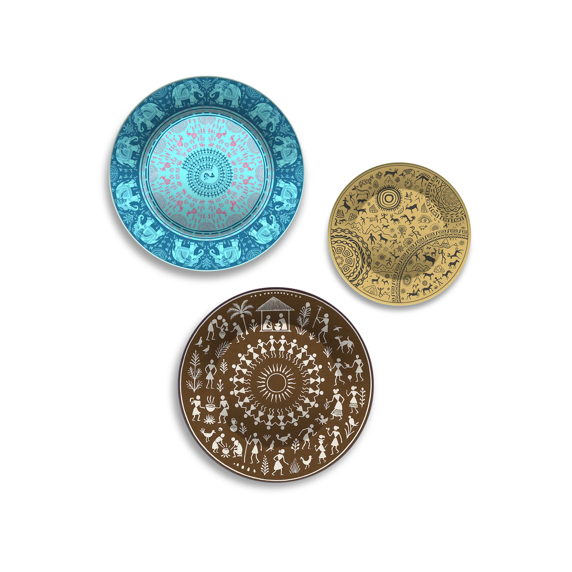 Warli and Tribal Art Village Vibes Premium Wall Plates Painting Set of 3 - Image 4