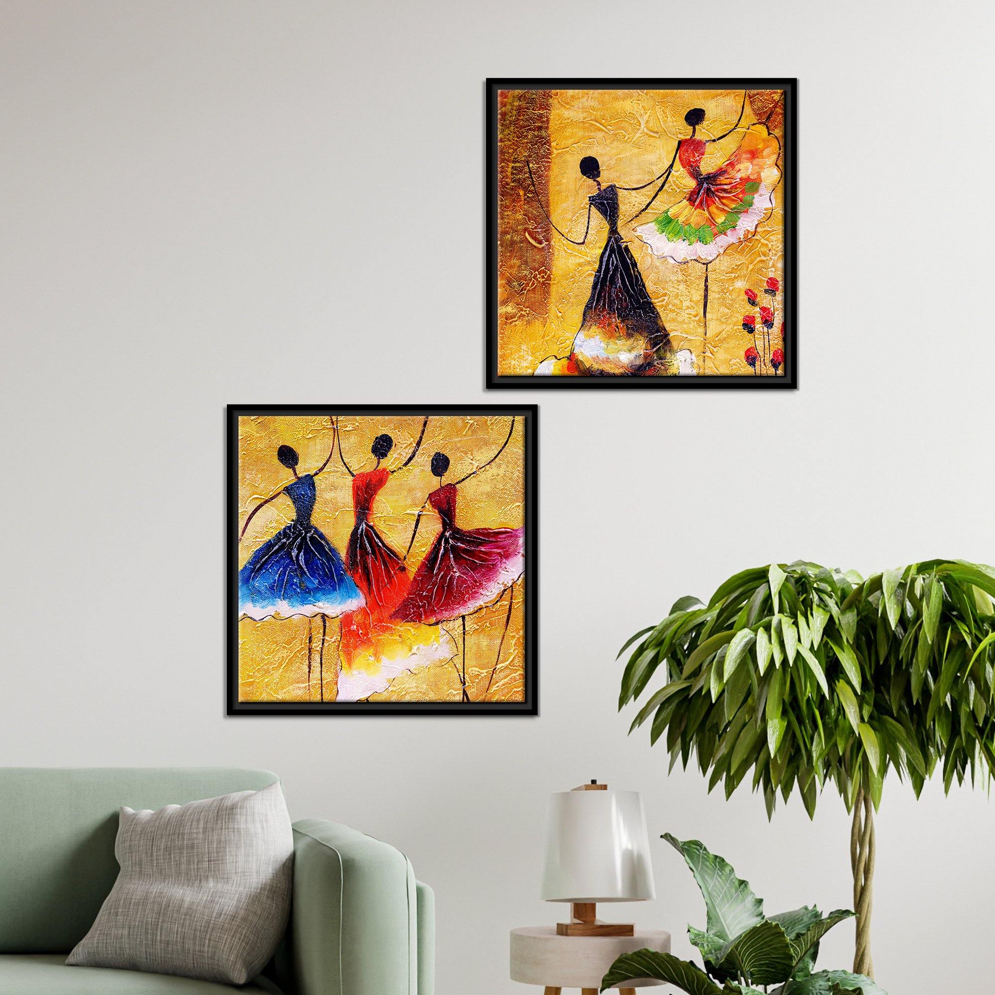 Dancing Women Warli Art Canvas Wall Painting of 2 Pieces Floating Frame - Image 3